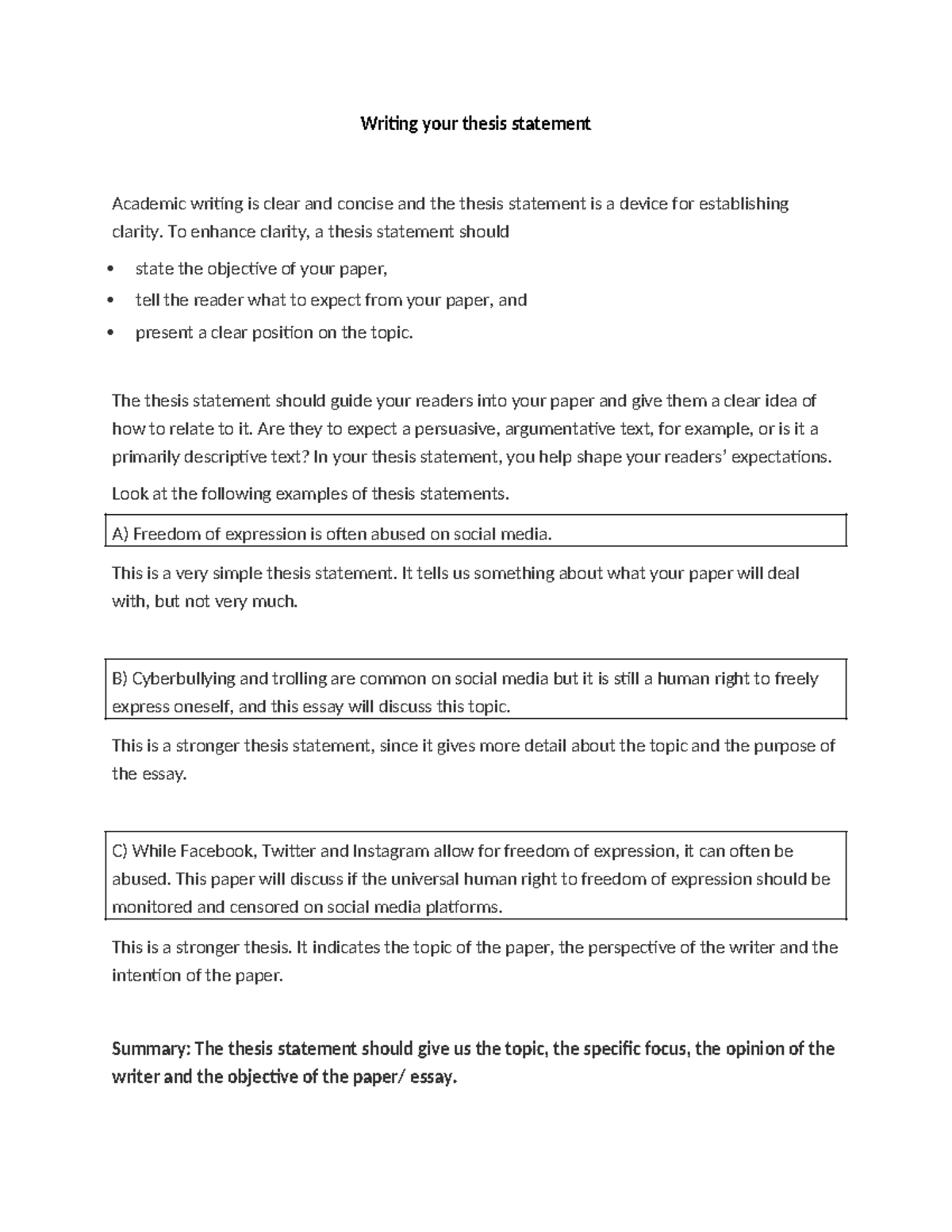 Writing you thesis statement - Writing your thesis statement Academic ...
