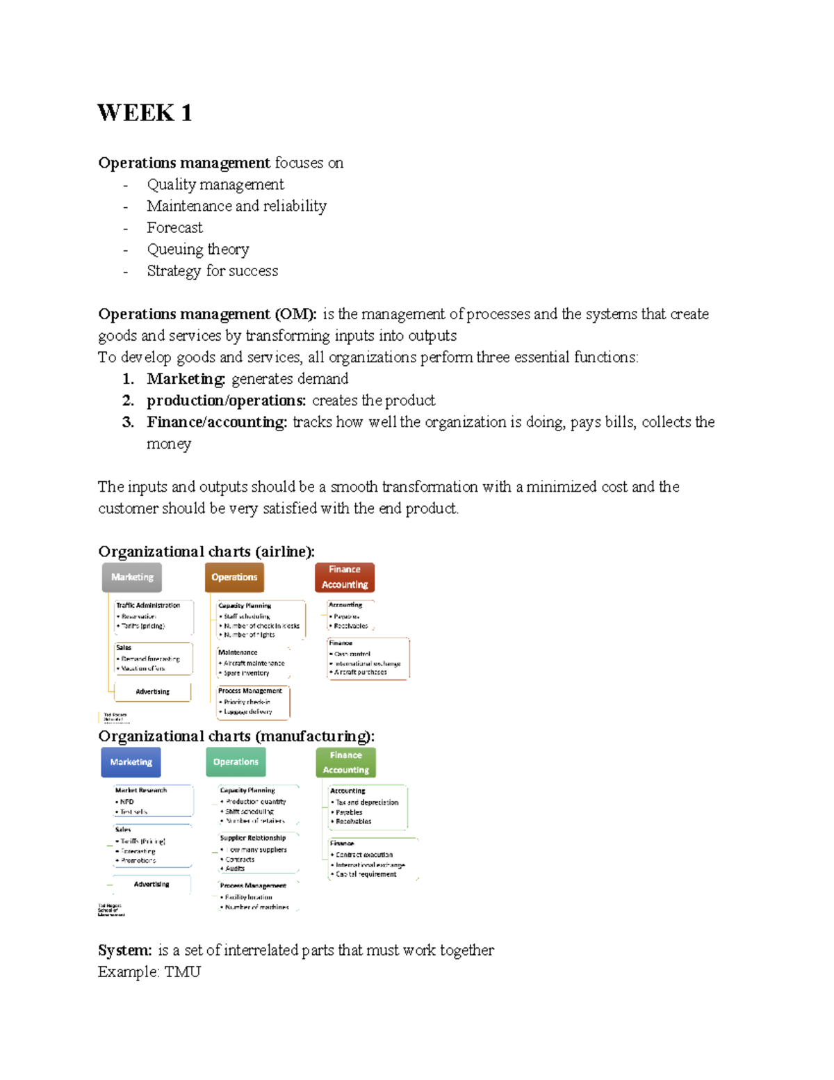 GMS401- Course Notes - WEEK 1 Operations management focuses on ...