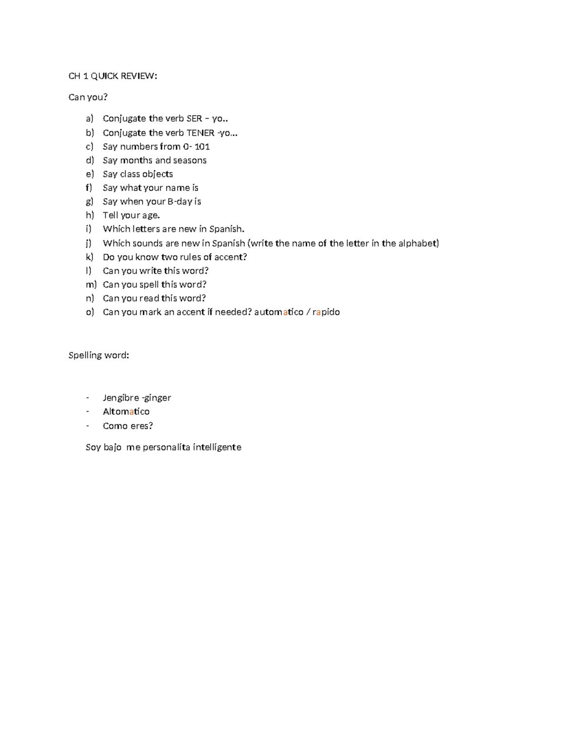 CH 1 QUICK REVIEW: Spanish Verb Conjugation & Basics - Studocu