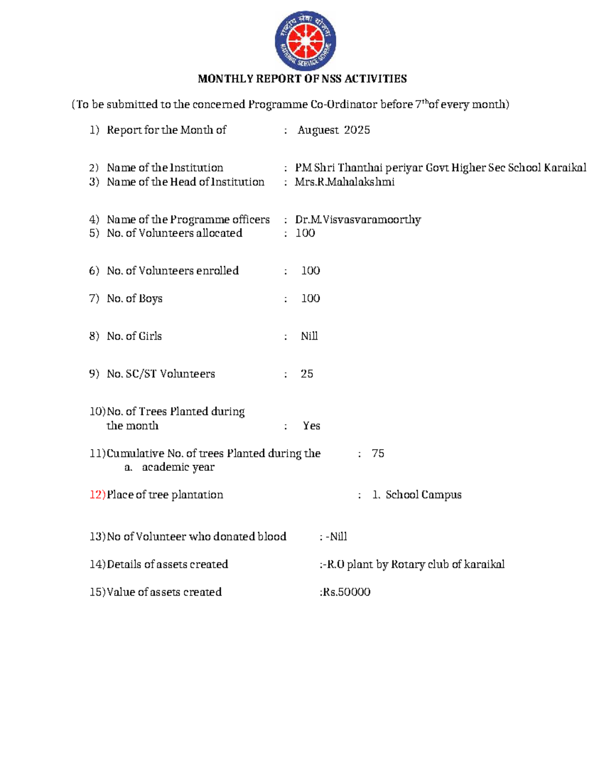 NSS Monthly Report - Activities for August 2025 - Studocu