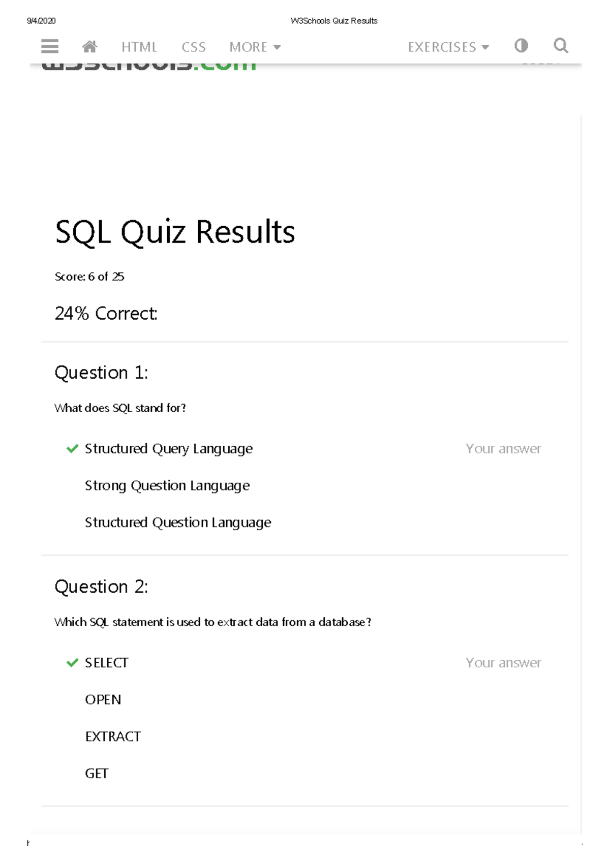 SQL Quiz Results and Analysis - W3Schools EXERCISES - Studocu