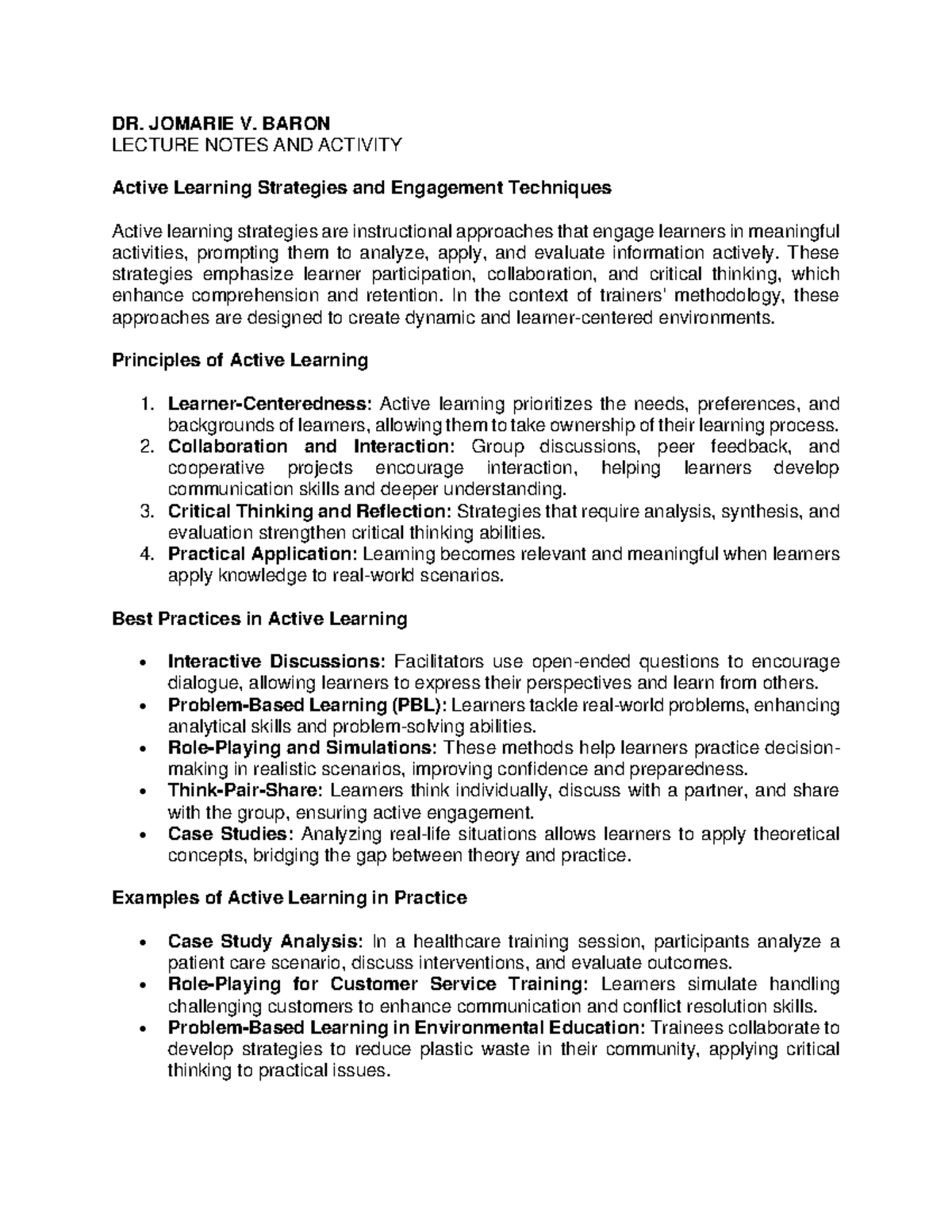Active Learning Strategies and Engagement Techniques Activity - DR ...