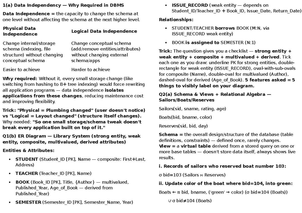 DBMS Data Independence & Integrity Constraints - CS101 Final Exam Notes ...