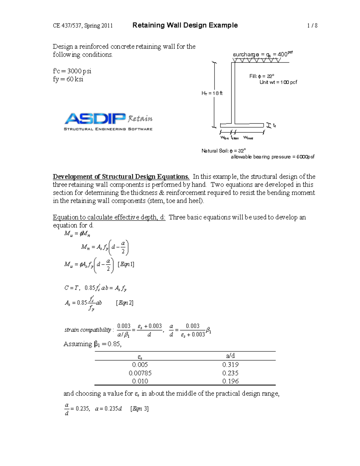 Cantilever Concrete Wall Design Example CE Spring 2011 - Studocu