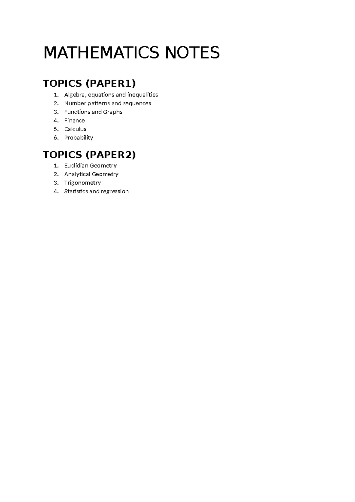 Mathematics Notes Overview (PAPER1 & PAPER2) - Studocu