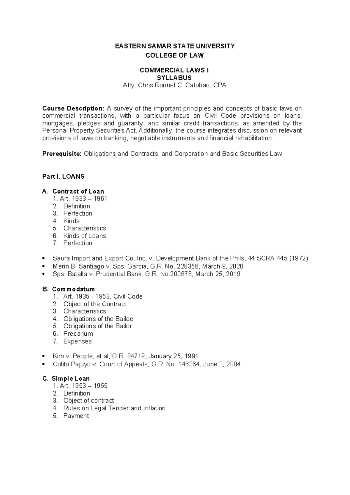 Commercial Laws I Syllabus: Key Concepts and Principles - Studocu