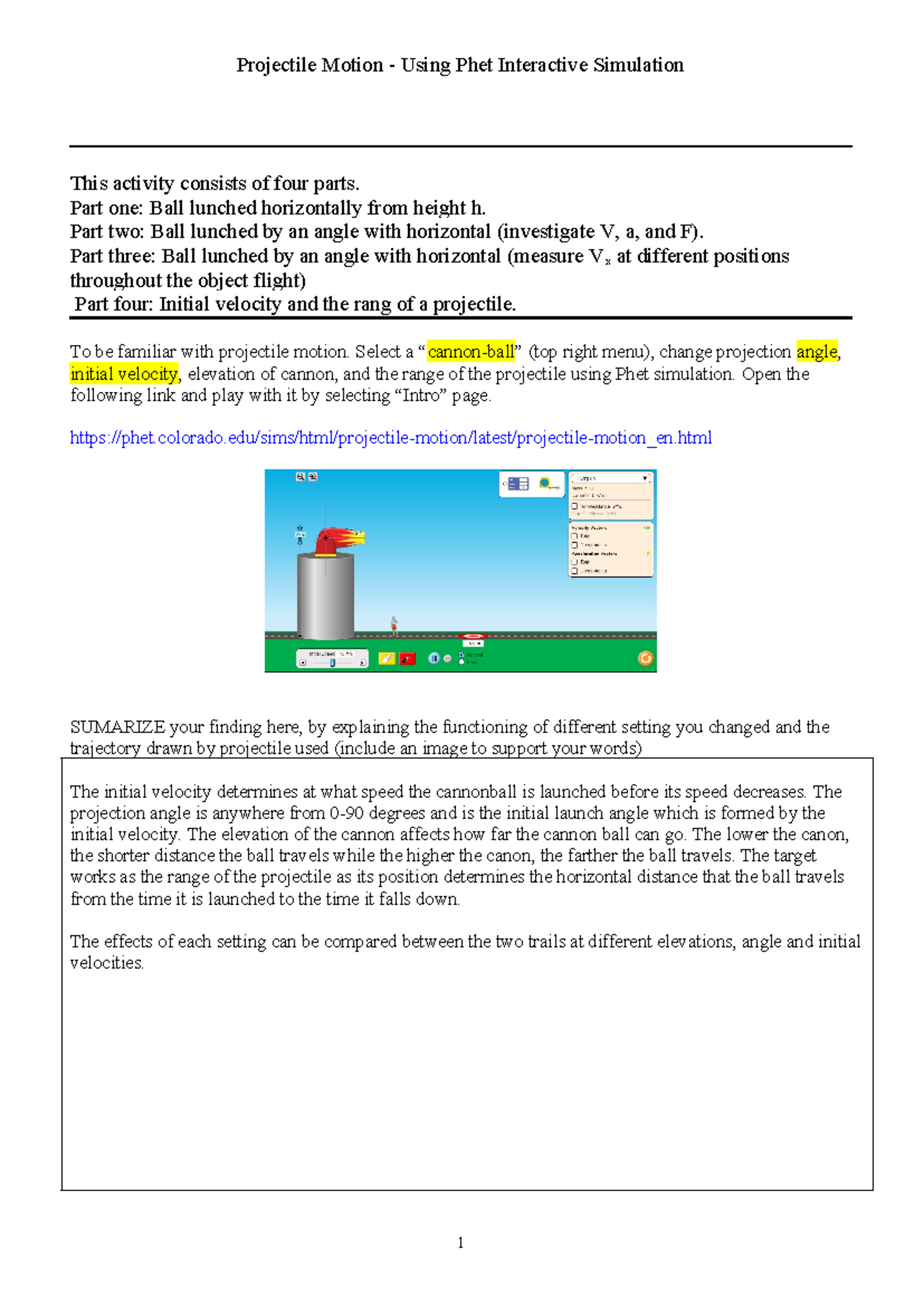 LAB - Projectile Motion Using Phet Simulation Activities - Studocu