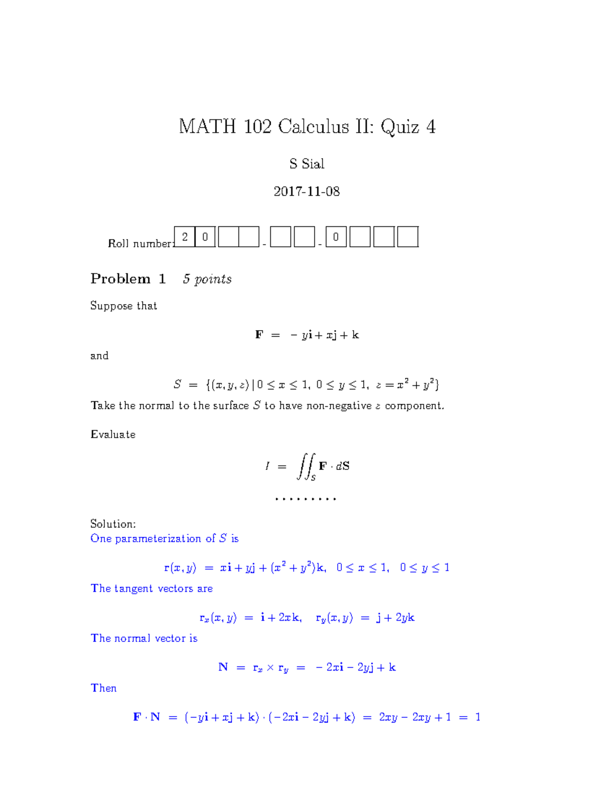 Q04 - Exams - MATH 102 Calculus II: Quiz 4 S Sial 2017-11- Roll number ...