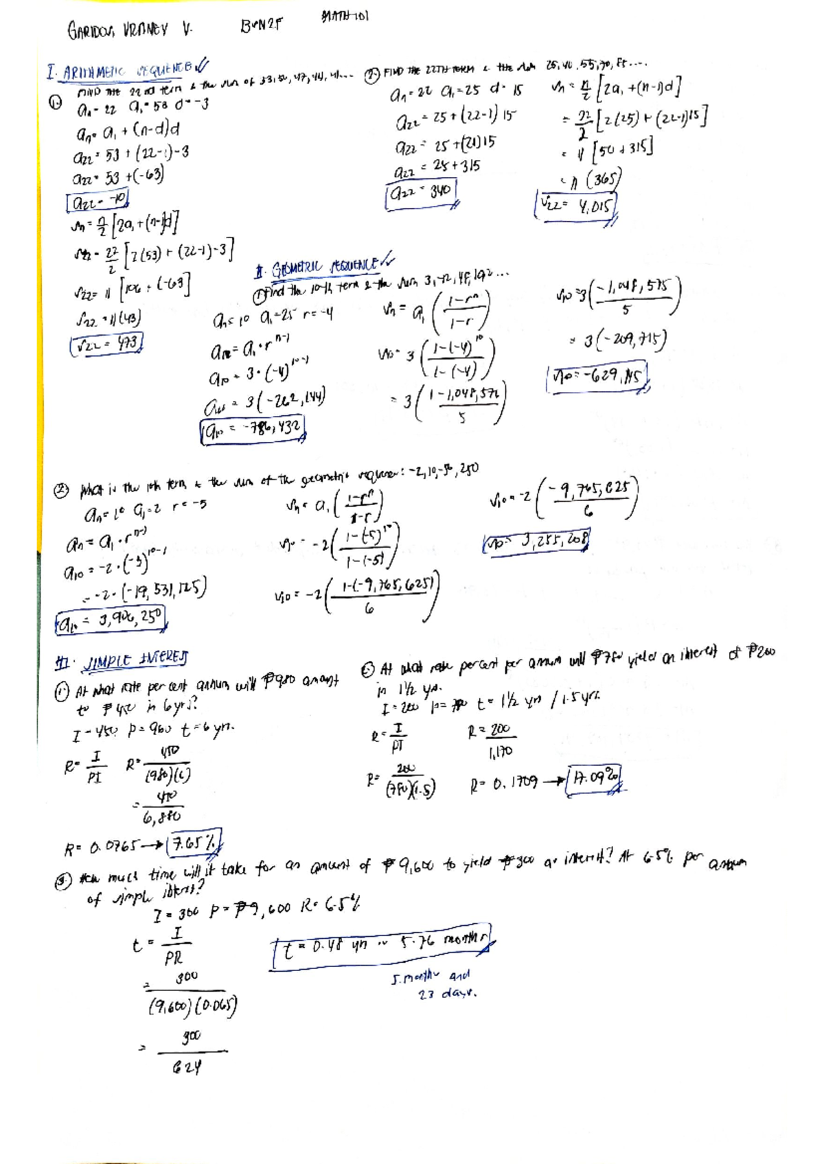 Math Finals Notes: BSN2F - Arithmetic & Geometric Sequences - Studocu