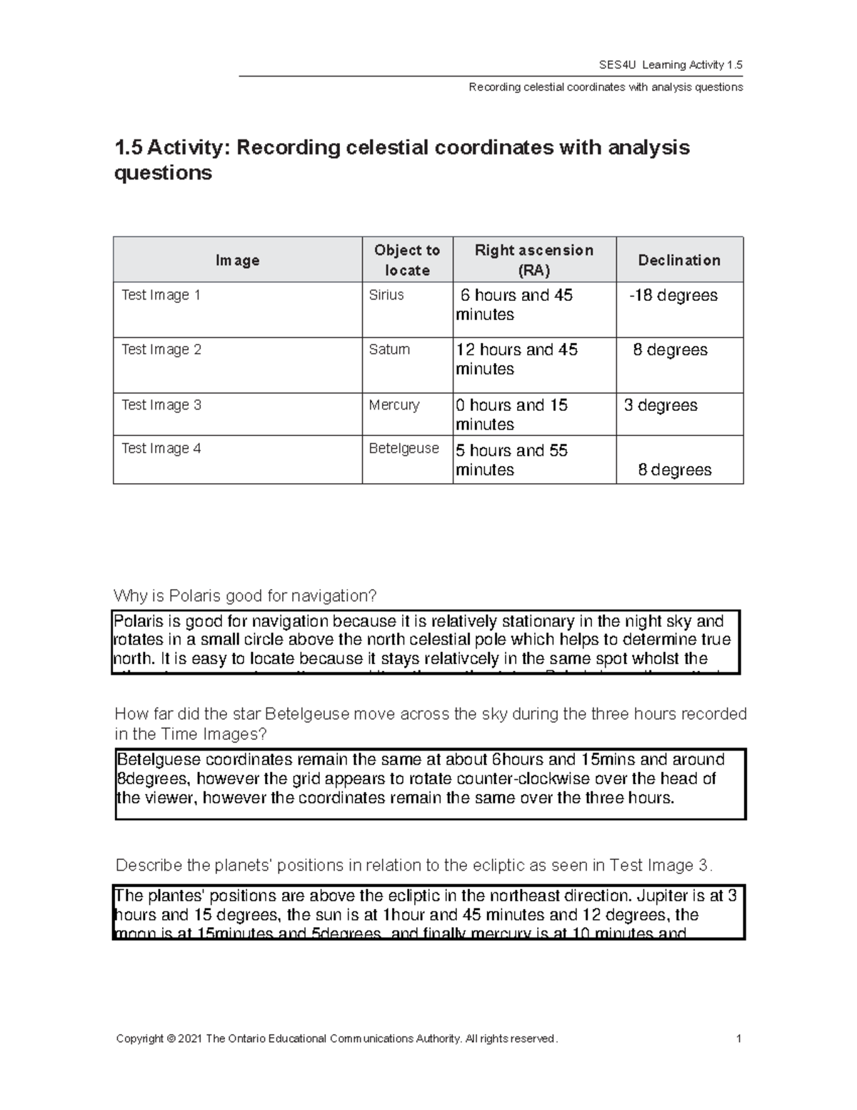 SES4U 1.5 Activity: Analyzing Celestial Coordinates and Navigation ...