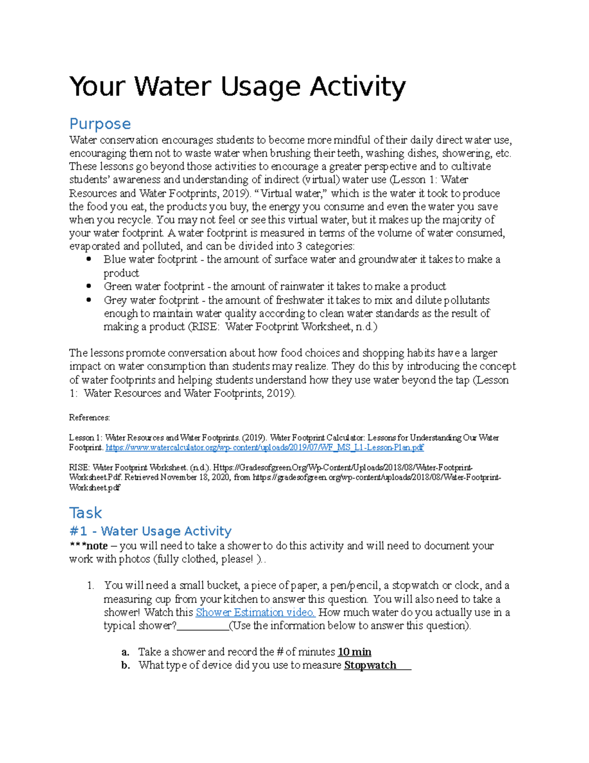 Unit 4 (Activity 1) Understanding Your Water Footprint Usage - Studocu