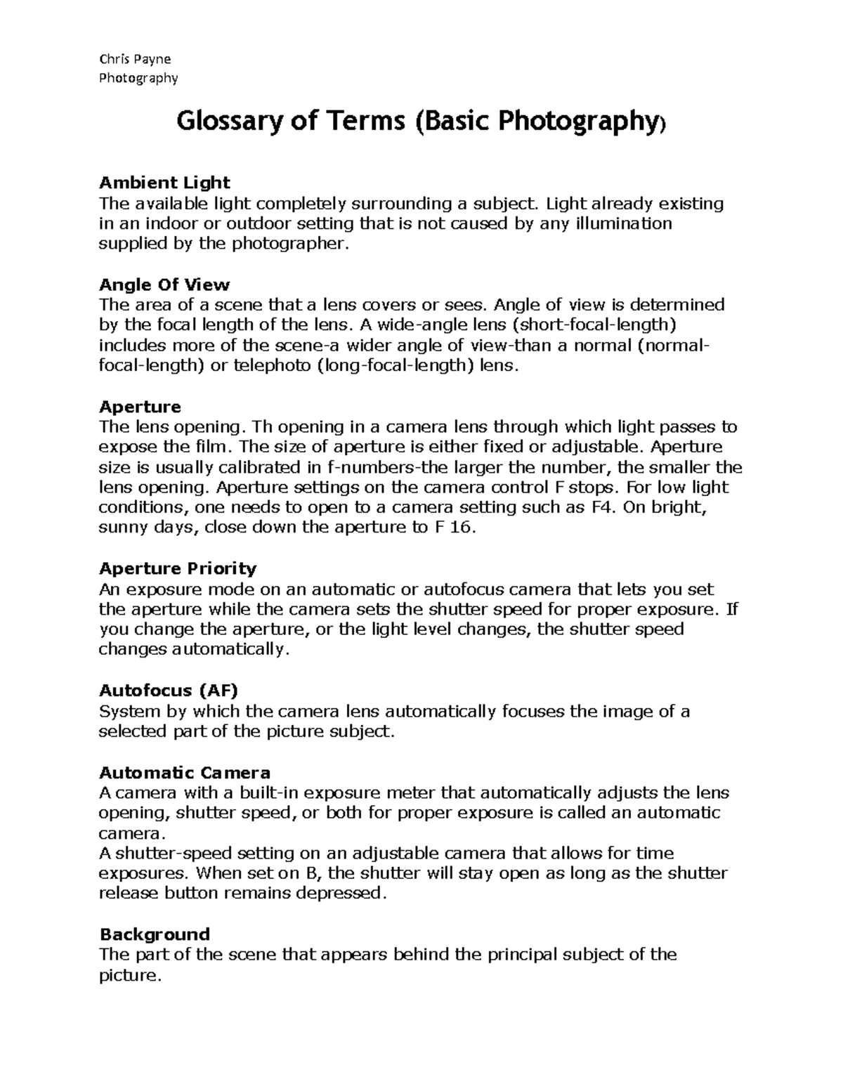 Photography glossary of terms - Photography Glossary of Terms (Basic ...