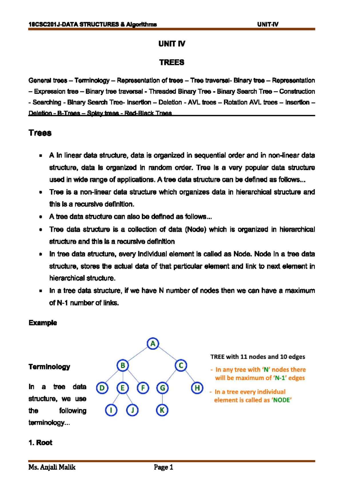 Unit IV DSA: Trees - Terminology, Representation & Traversal Techniques - Document Preview