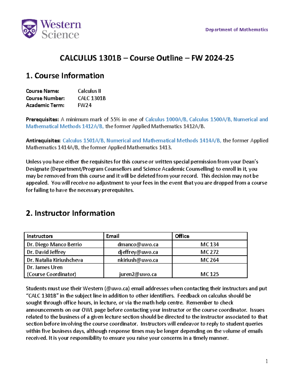Calculus II CALC 1301B Course Outline FW24: Key Information & Syllabus ...