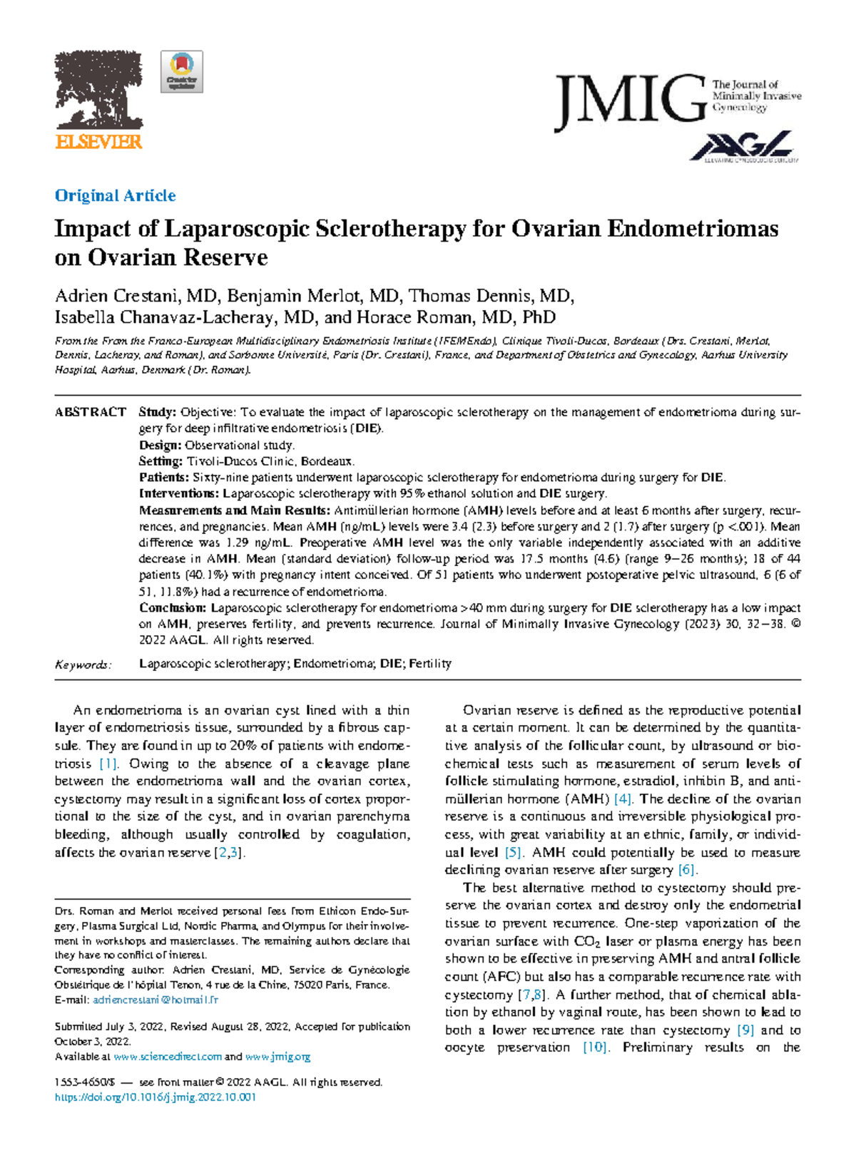 Impact of Laparoscopic Sclerotherapy on Ovarian Reserve in ...