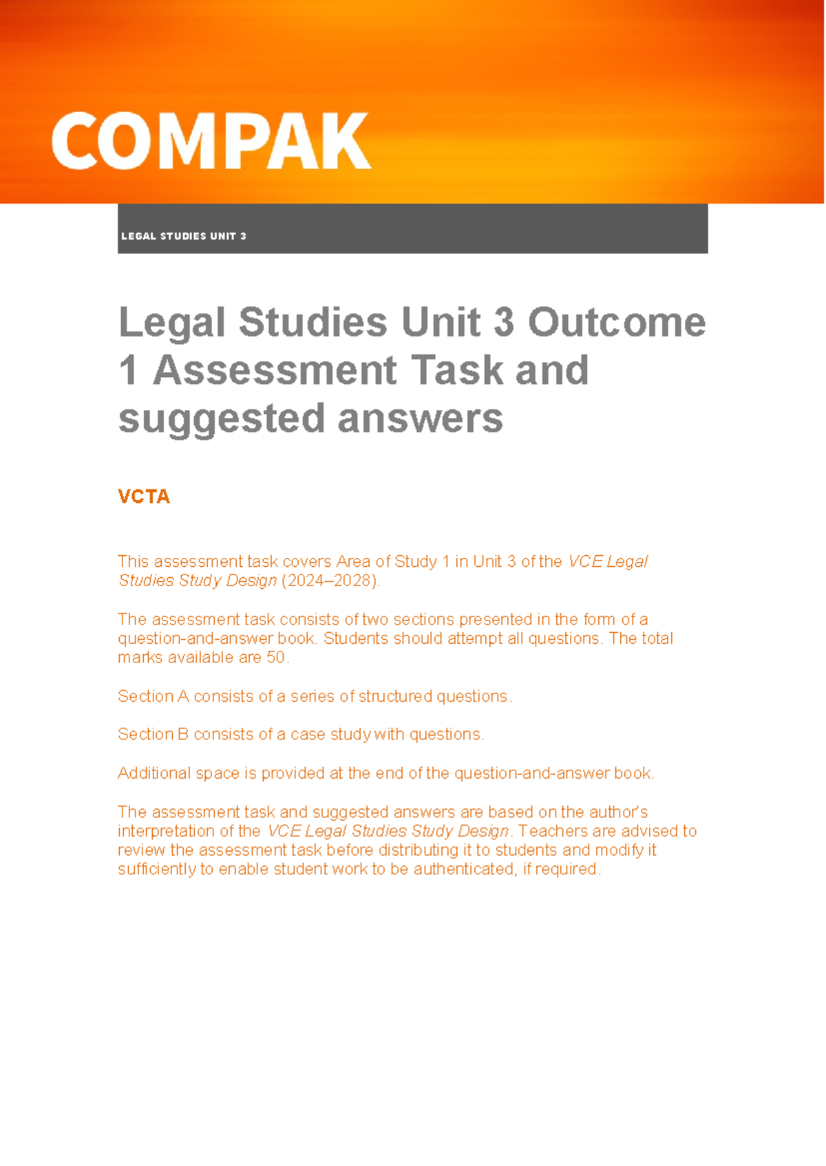 Legal Studies Unit 3 Outcome 1 Assessment Task - VCTA 2024 - Studocu