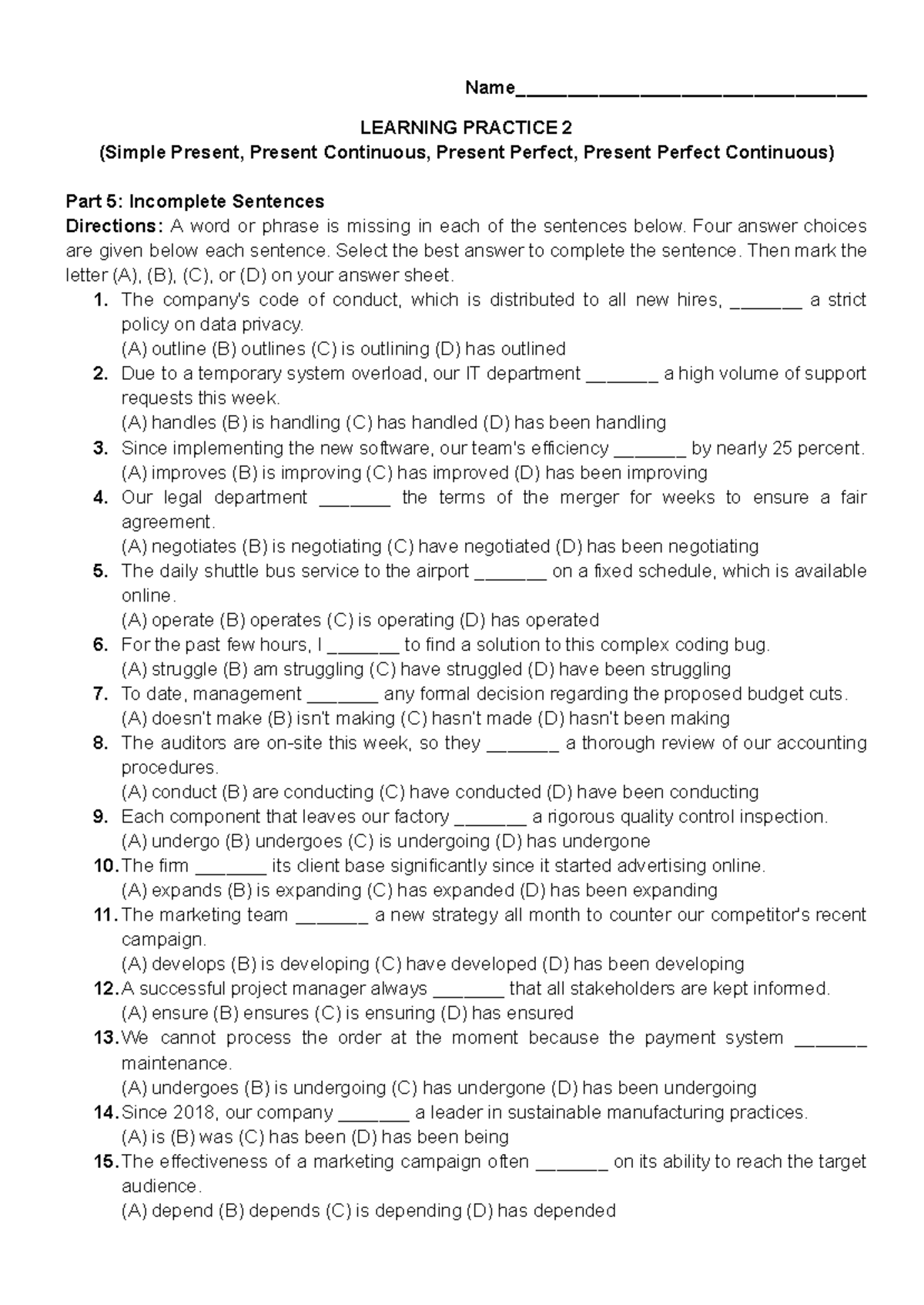 LEARNING PRACTICE 2: Tenses & Sentence Completion Exercises - Studocu