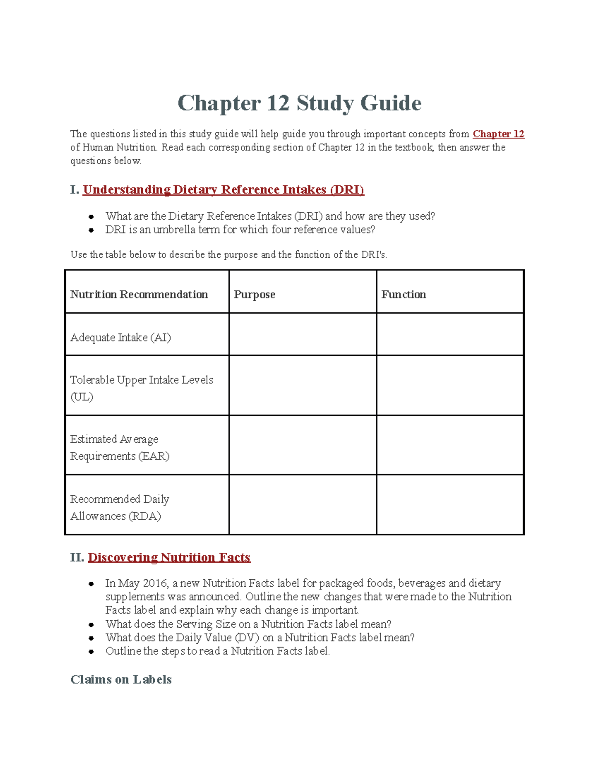 Chapter 12 Study Guide: Understanding Dietary Reference Intakes in ...