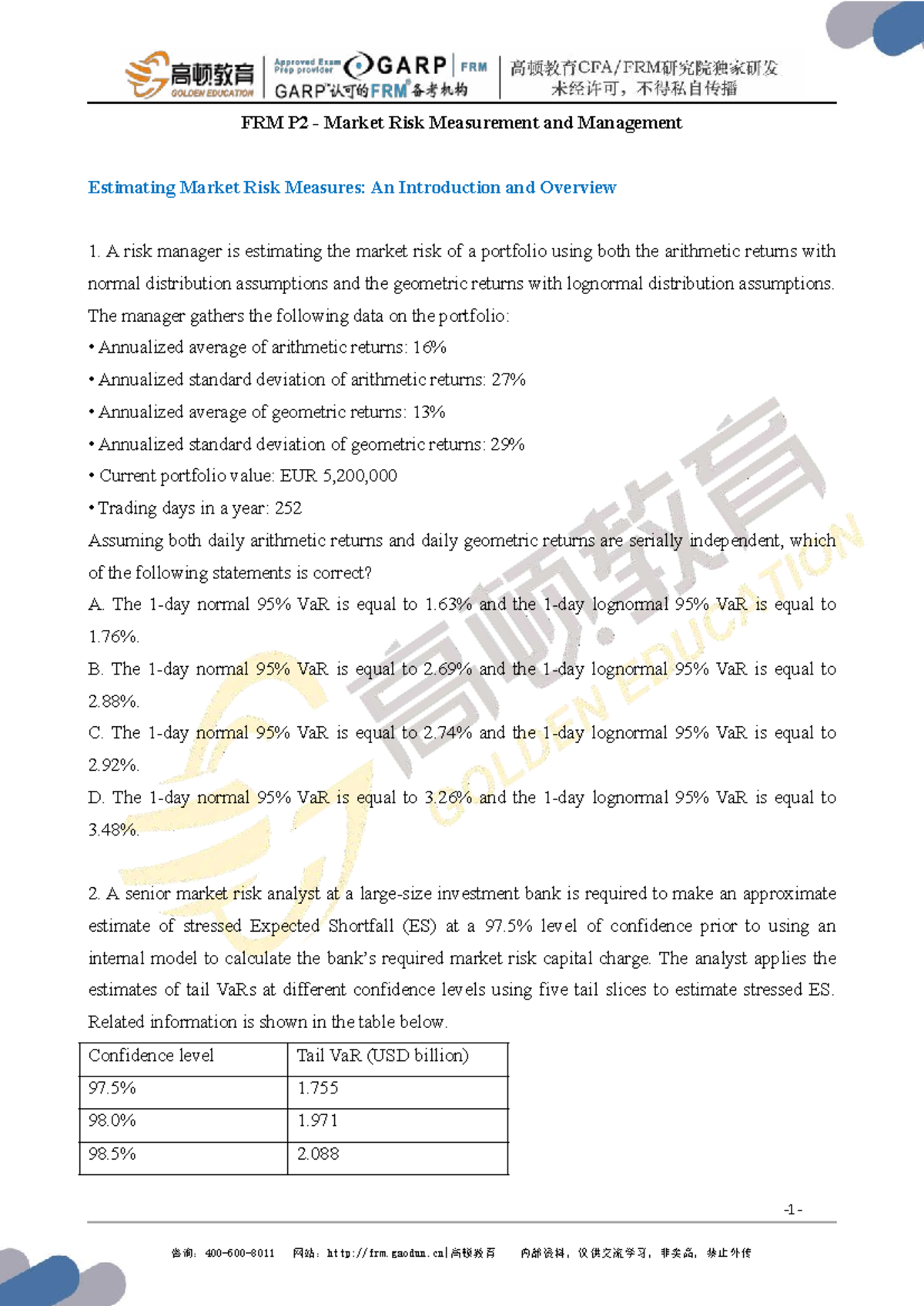 FRM P2B1 Final Exam: Market Risk Measurement & Management Overview ...