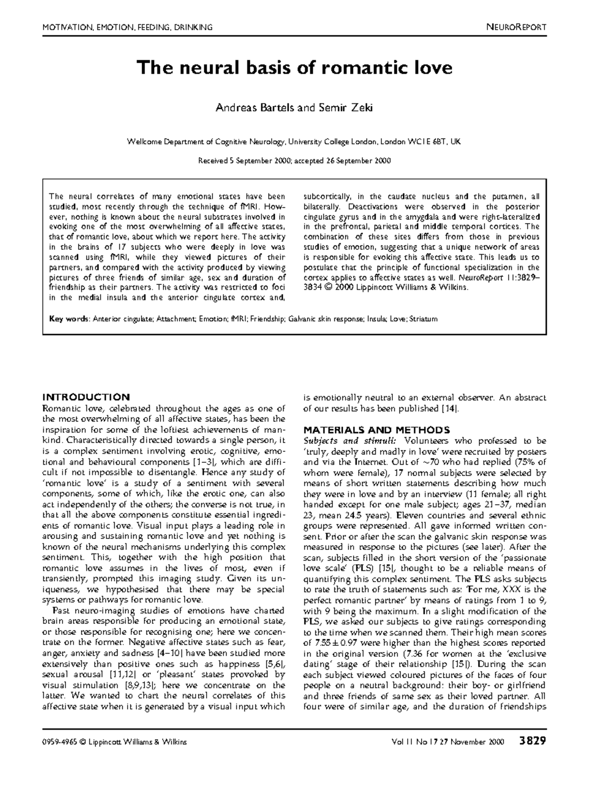 NEUROREPORT: The Neural Basis of Romantic Love - An fMRI Study - Studocu