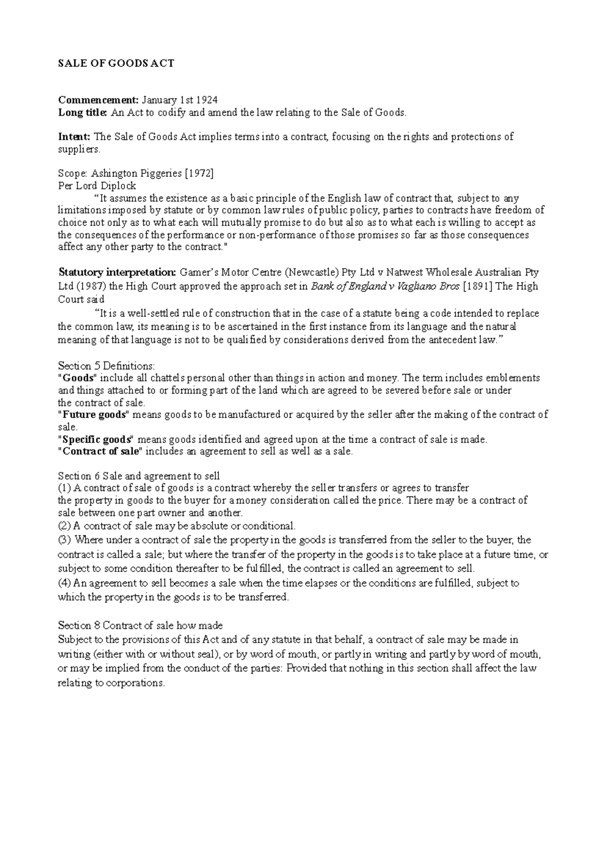 Sale of Goods Act Analysis and Key Cases - Law 101 Lecture Notes - Studocu