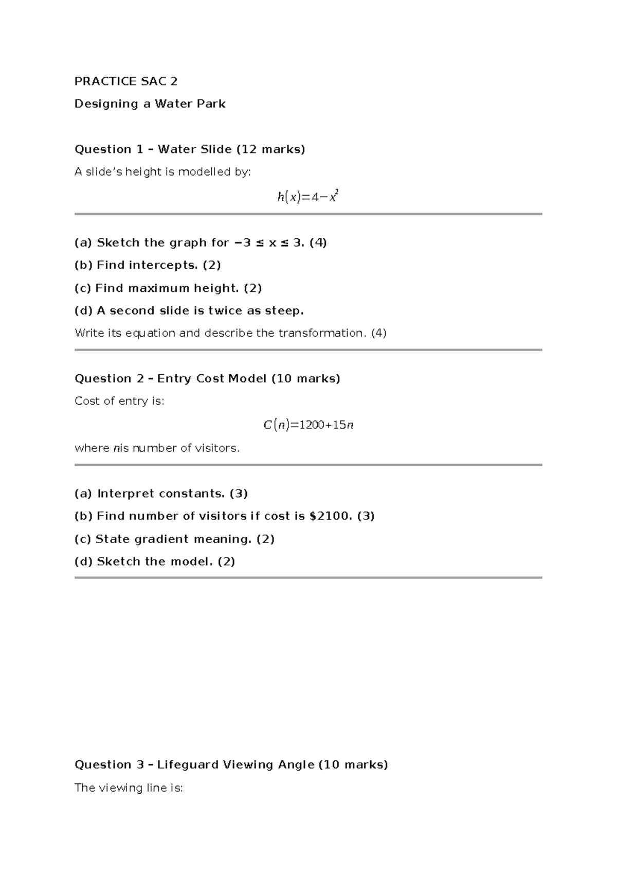 Linear and Quadratic Relations Practice SAC 2: Water Park Design - Studocu