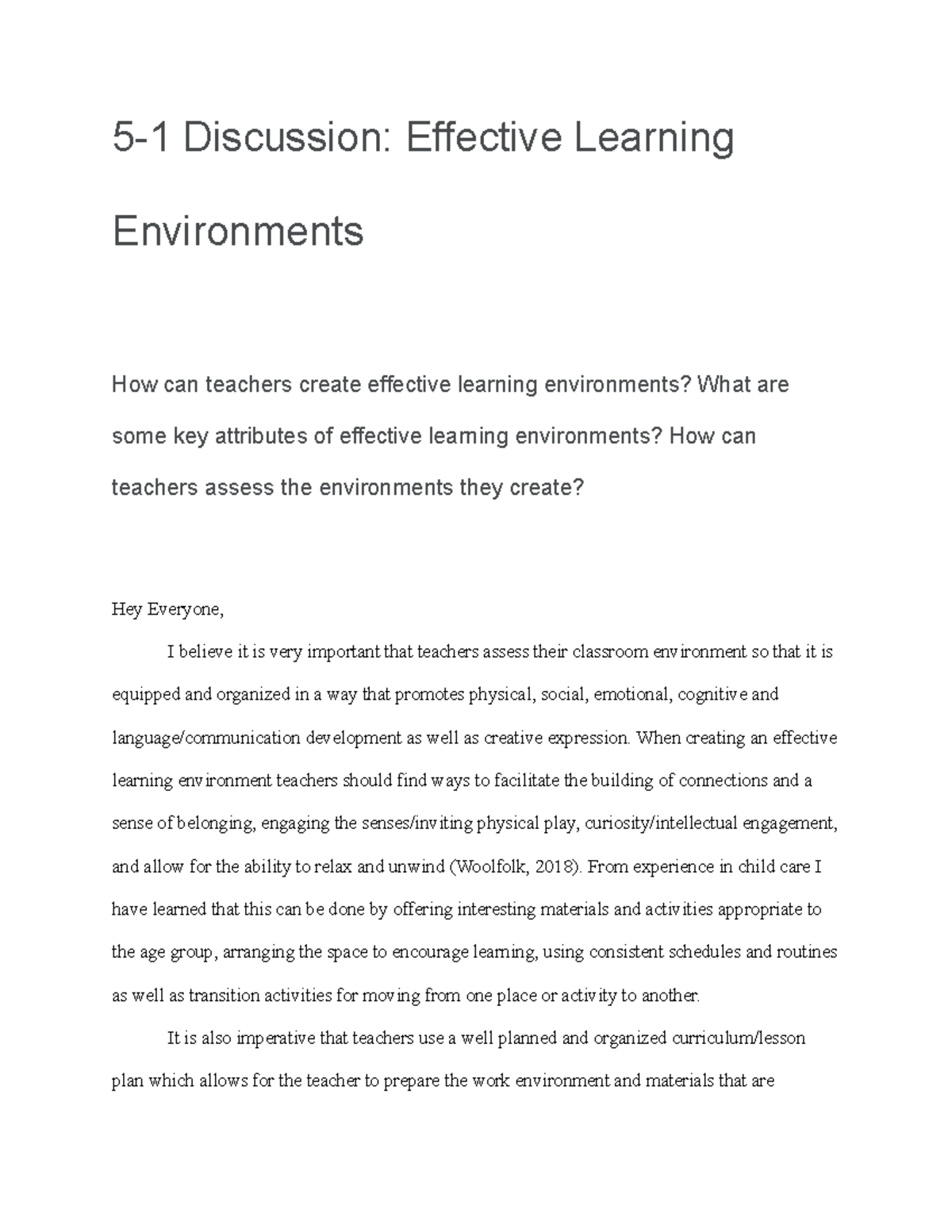 5-1 Discussion: Creating Effective Learning Environments - Studocu
