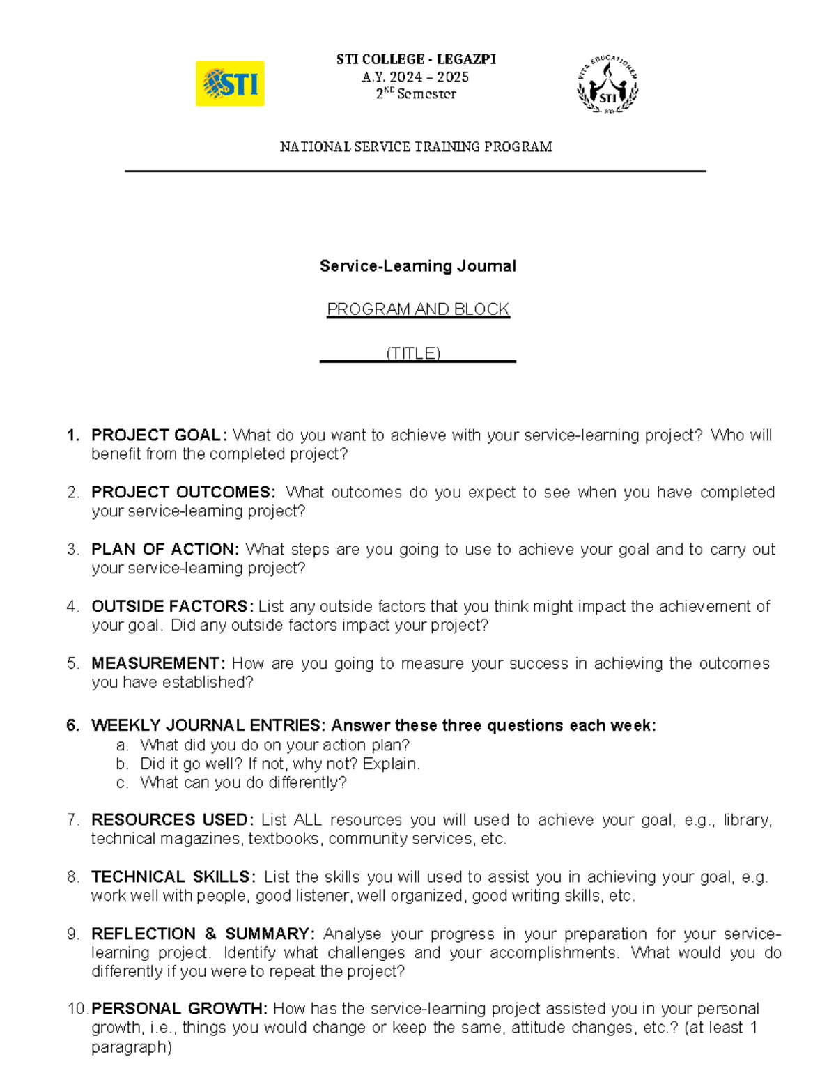 STI College - Legazpi NSTP Service-Learning Journal (2024-2025) - Studocu