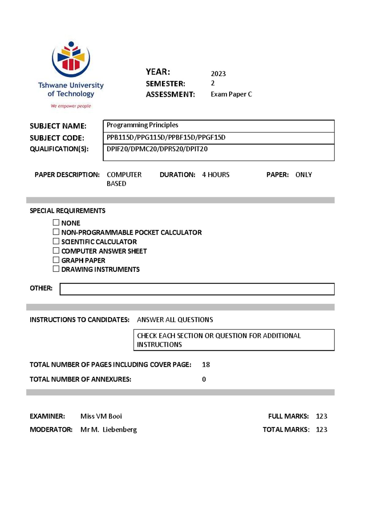 Programming Principles Exam Paper C 20232: Test Overview and ...