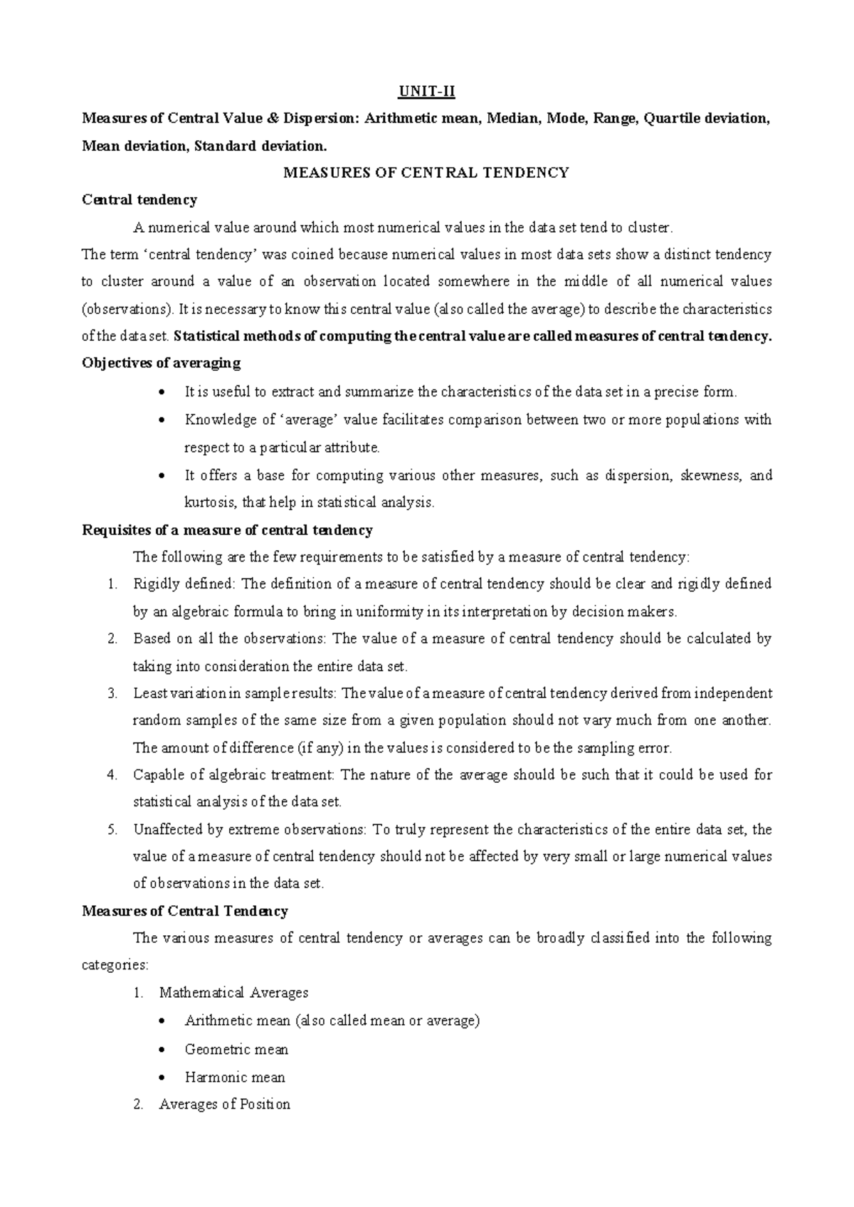 MATH1291 Unit II - Measures of Central Tendency & Dispersion Notes ...