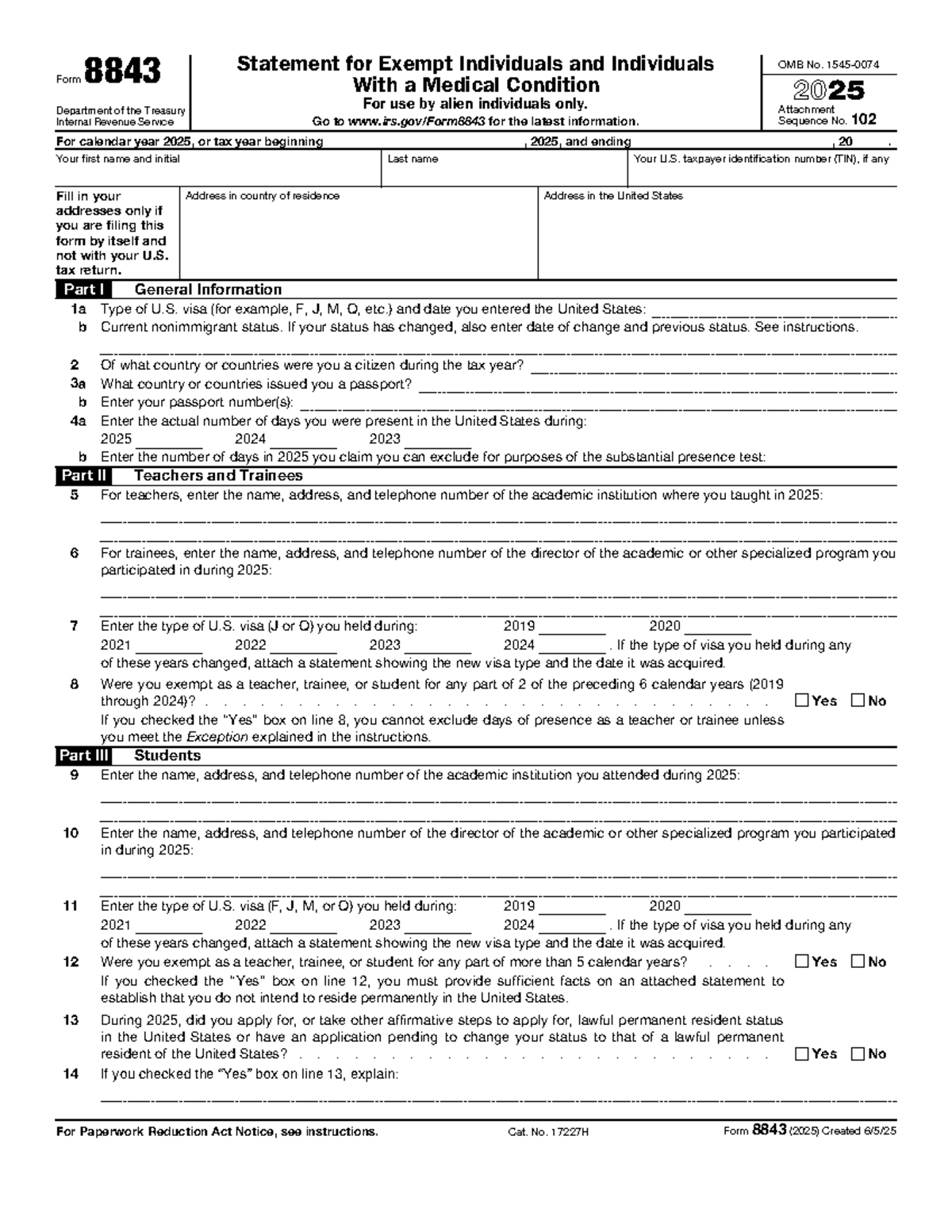 Form 8843 (2025) for Exempt Individuals & Medical Conditions - Studocu