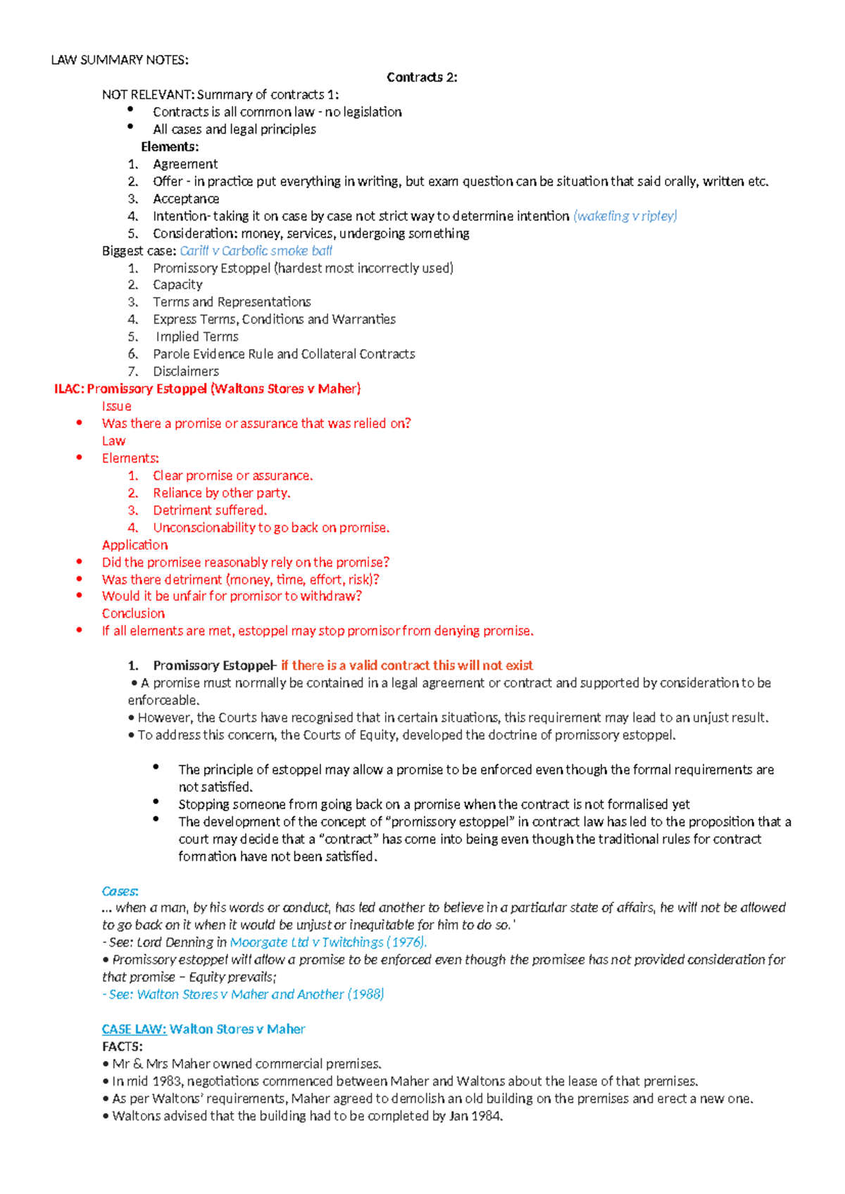 LAW SUMMARY NOTES: Contracts 2 - Key Principles and Case Analysis - Studocu