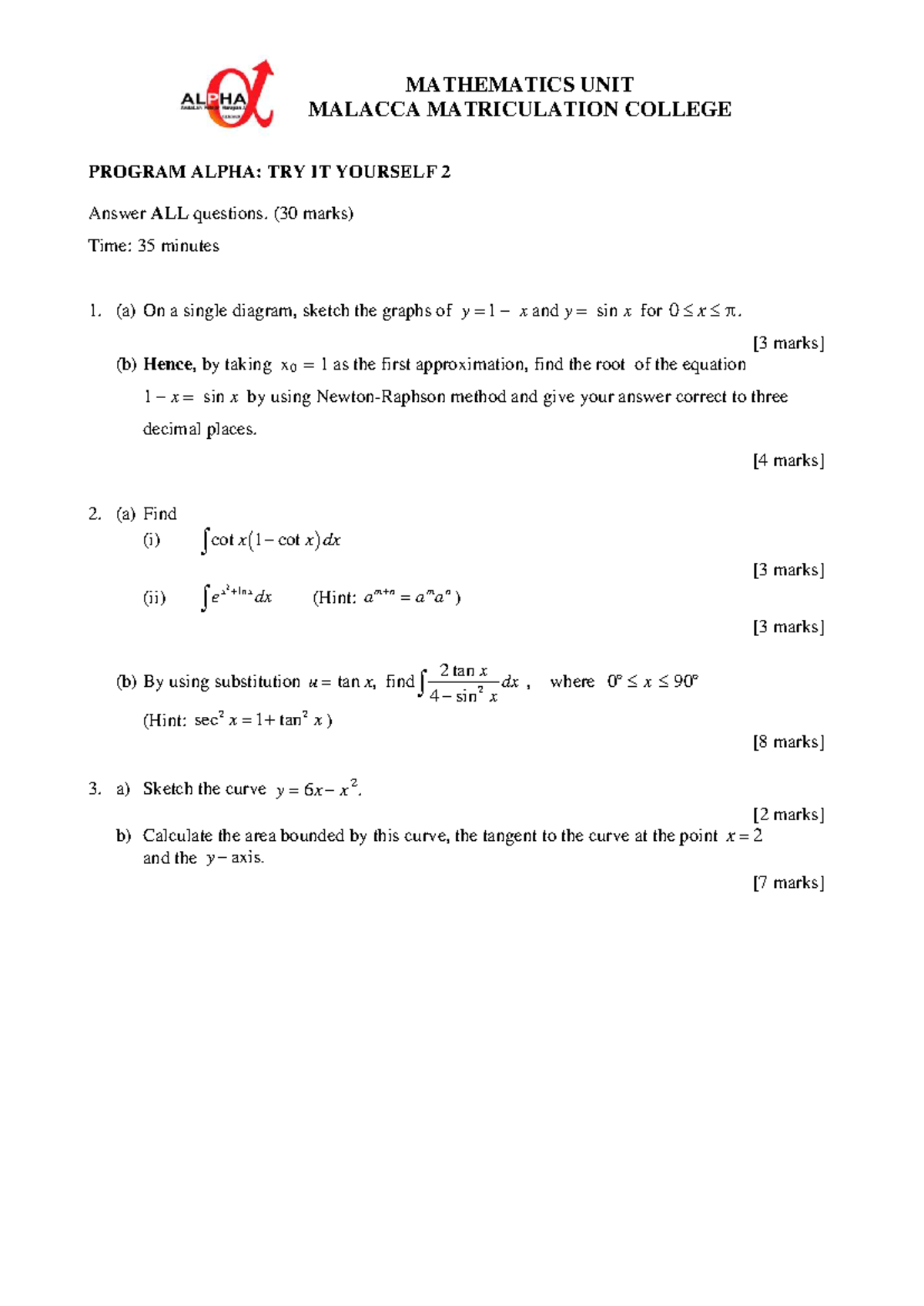 MATHEMATICS UNIT MALACCA COLLEGE: Alpha MATH TRY IT Yourself 2 - Studocu