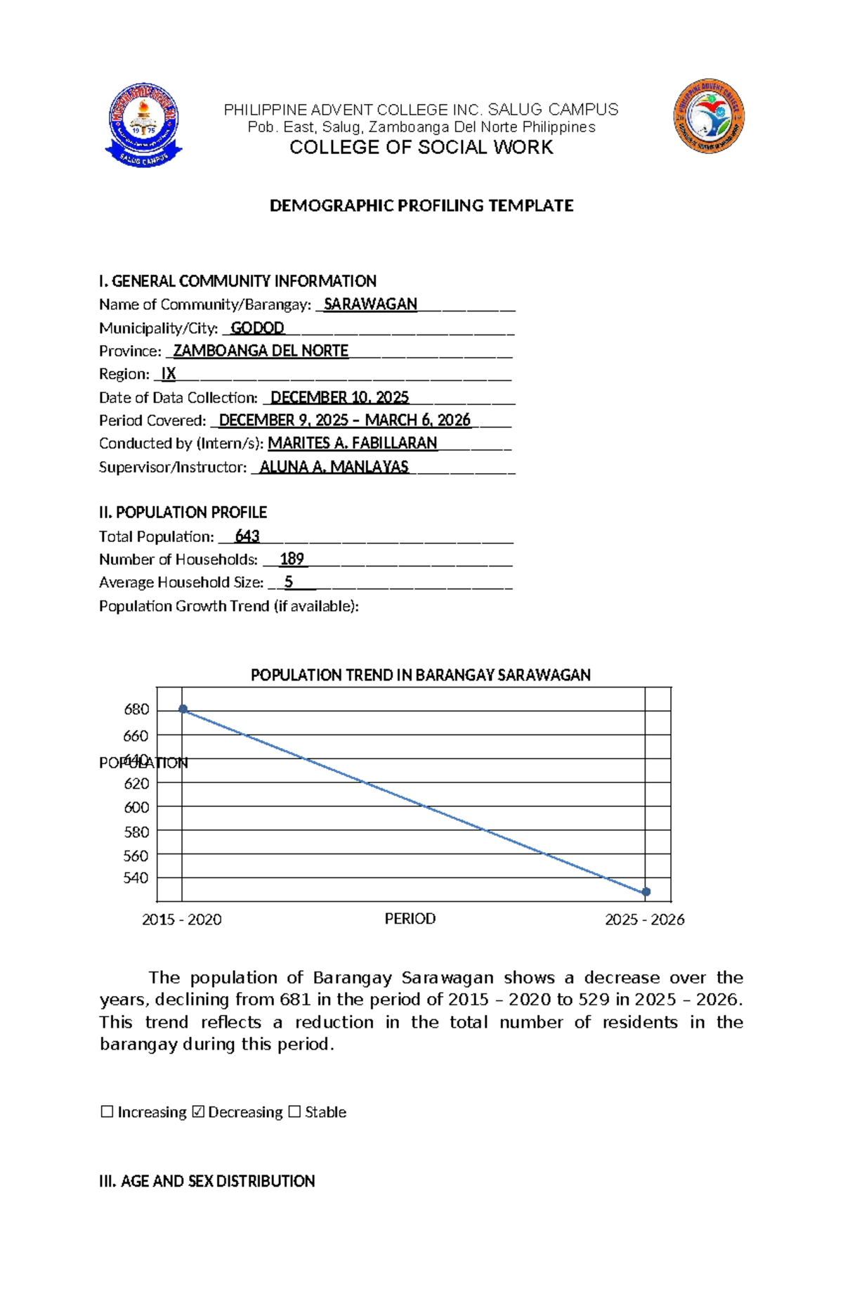Demographic Profiling Template for Barangay Sarawagan (SWK 101) - Studocu