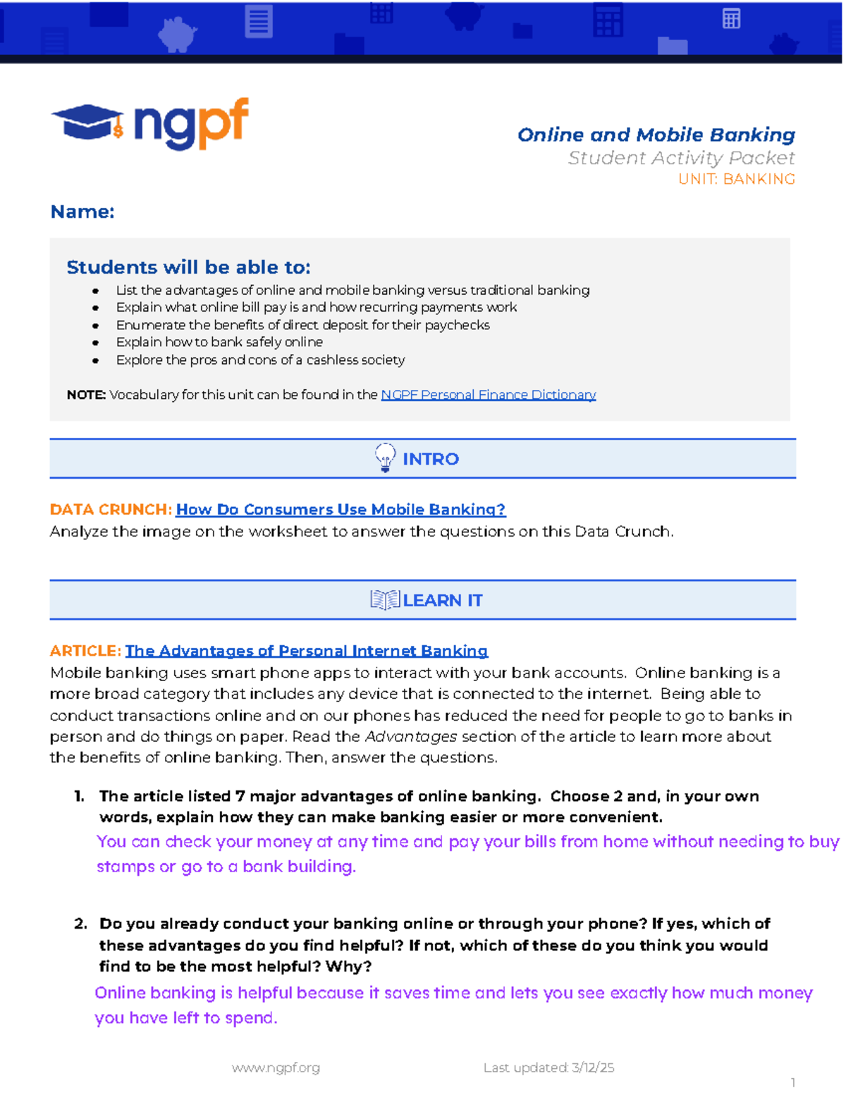 Online & Mobile Banking Student Activity Packet (Unit: Banking) - Studocu