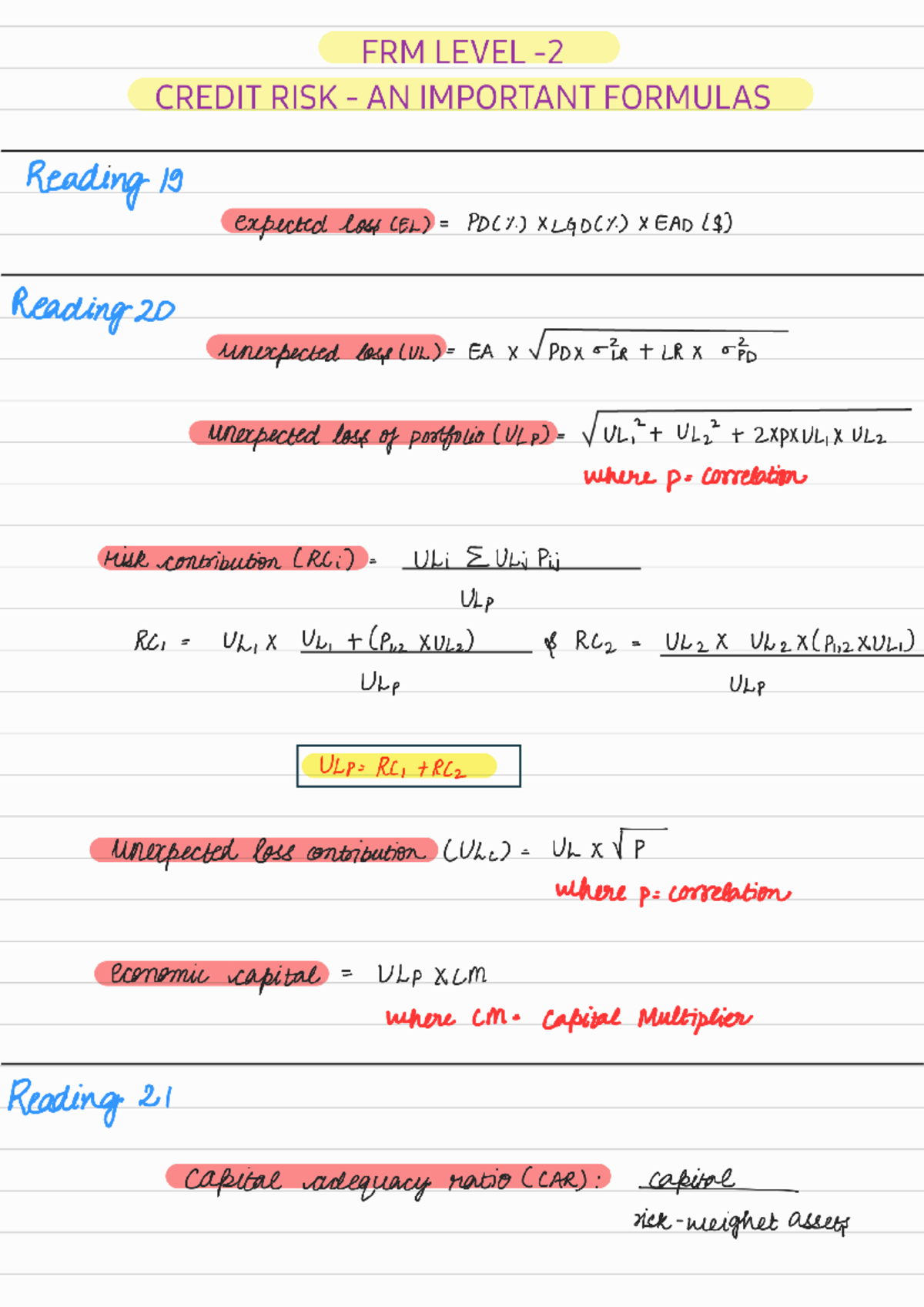 FRM LEVEL Credit Risk Cheat Sheet: Key Formulas and Concepts - Studocu