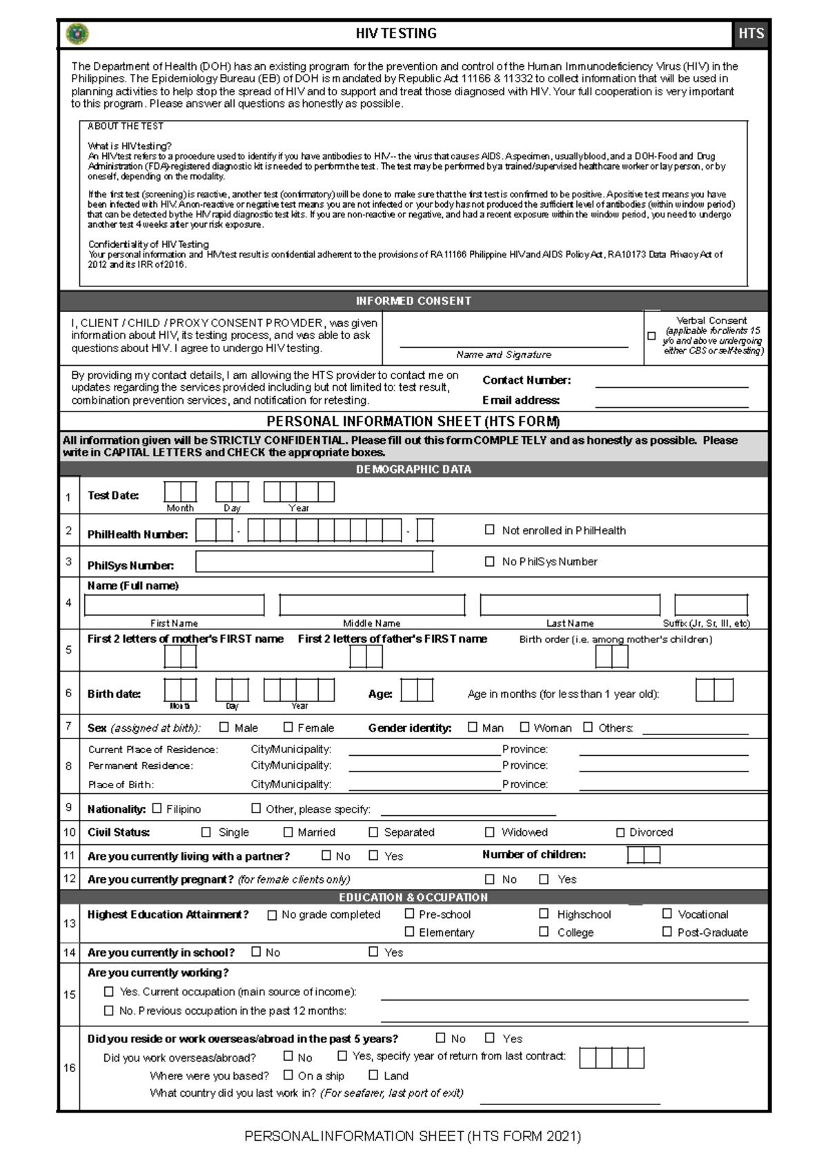 HIV Testing HTS Form - Department of Health Guidelines - Studocu