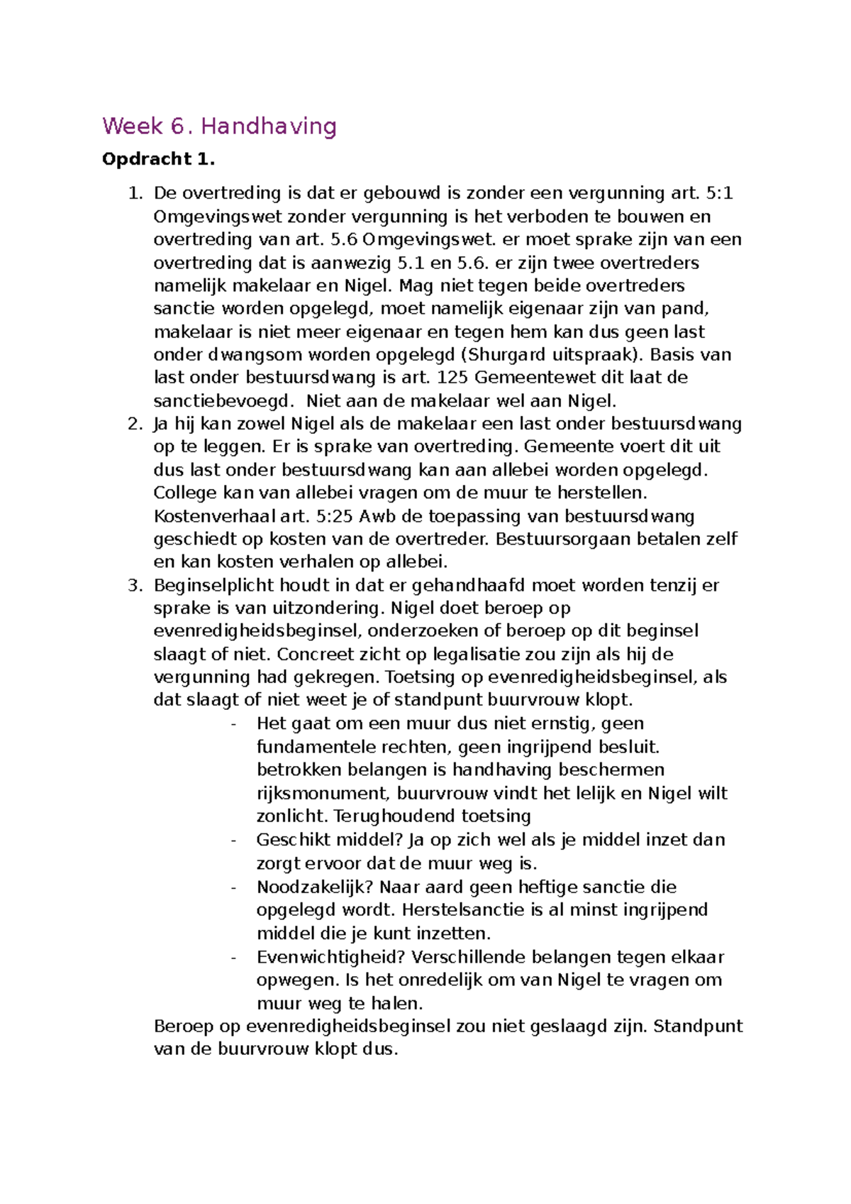 Week 6 - Handhaving en Overtredingen: Opdrachten en Analyse - Studeersnel