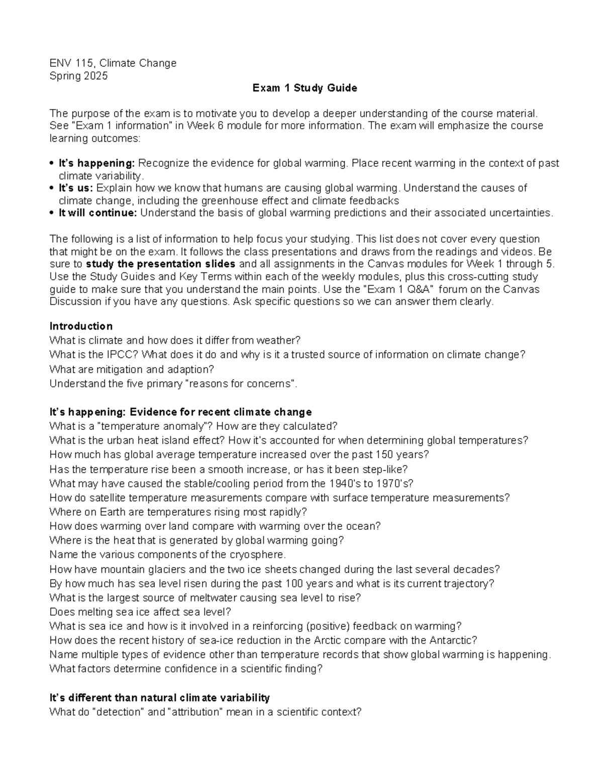 ENV 115, Climate Change Spring 2025 Exam 1 Study Guide: Key Concepts on ...