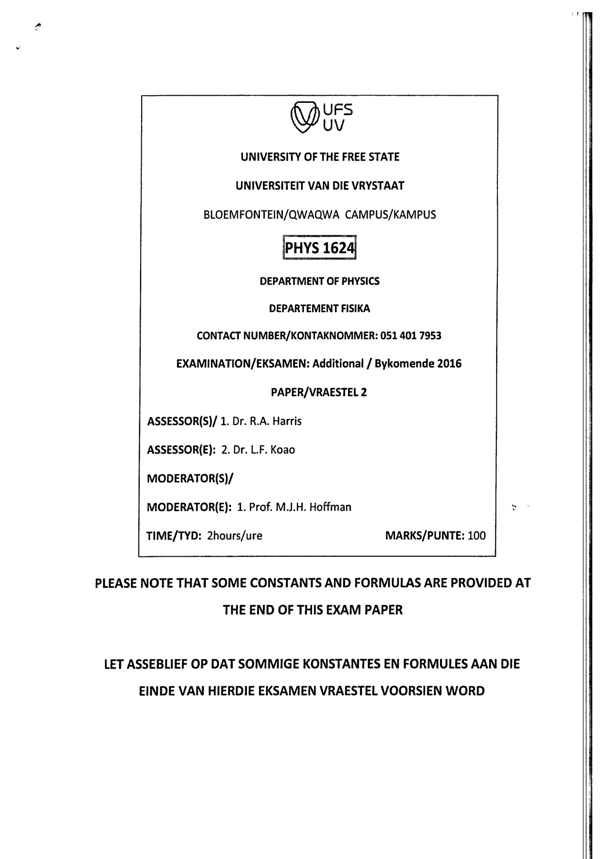 PHYS 1624 Final Exam Study Guide - UFS UV 2016 - Studocu