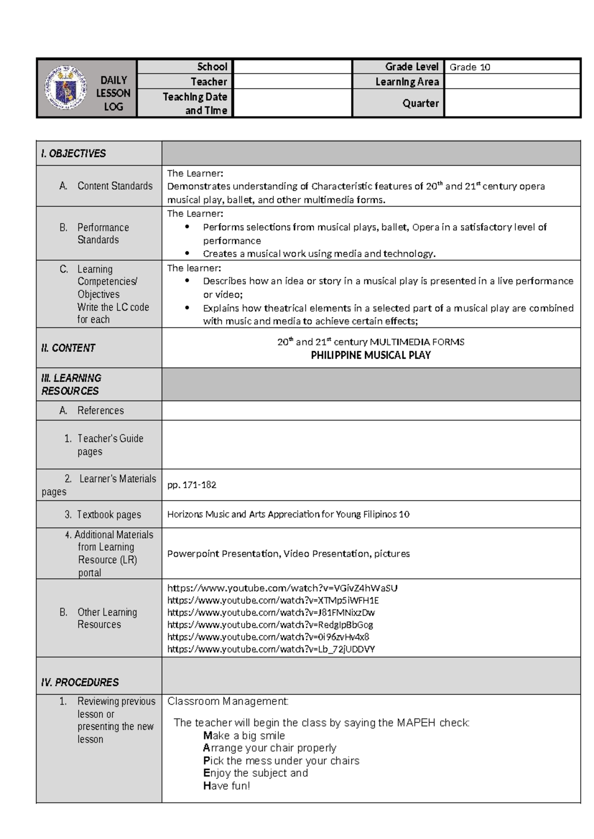 DAILY LESSON LOG: Grade 10 Musical Play & Multimedia Forms - Studocu