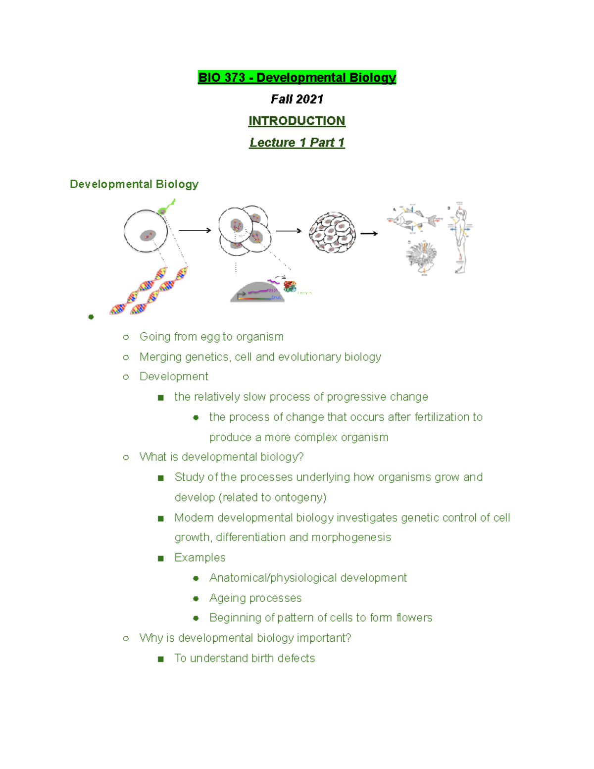 BIO 373 Lecture 1: Introduction to Developmental Biology - Fall 2021 ...