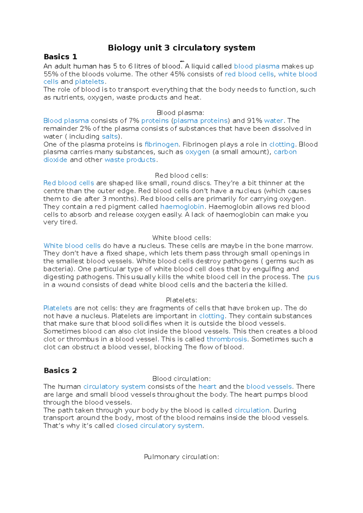 Biology Unit 3: Circulatory System Overview and Key Concepts - Studeersnel