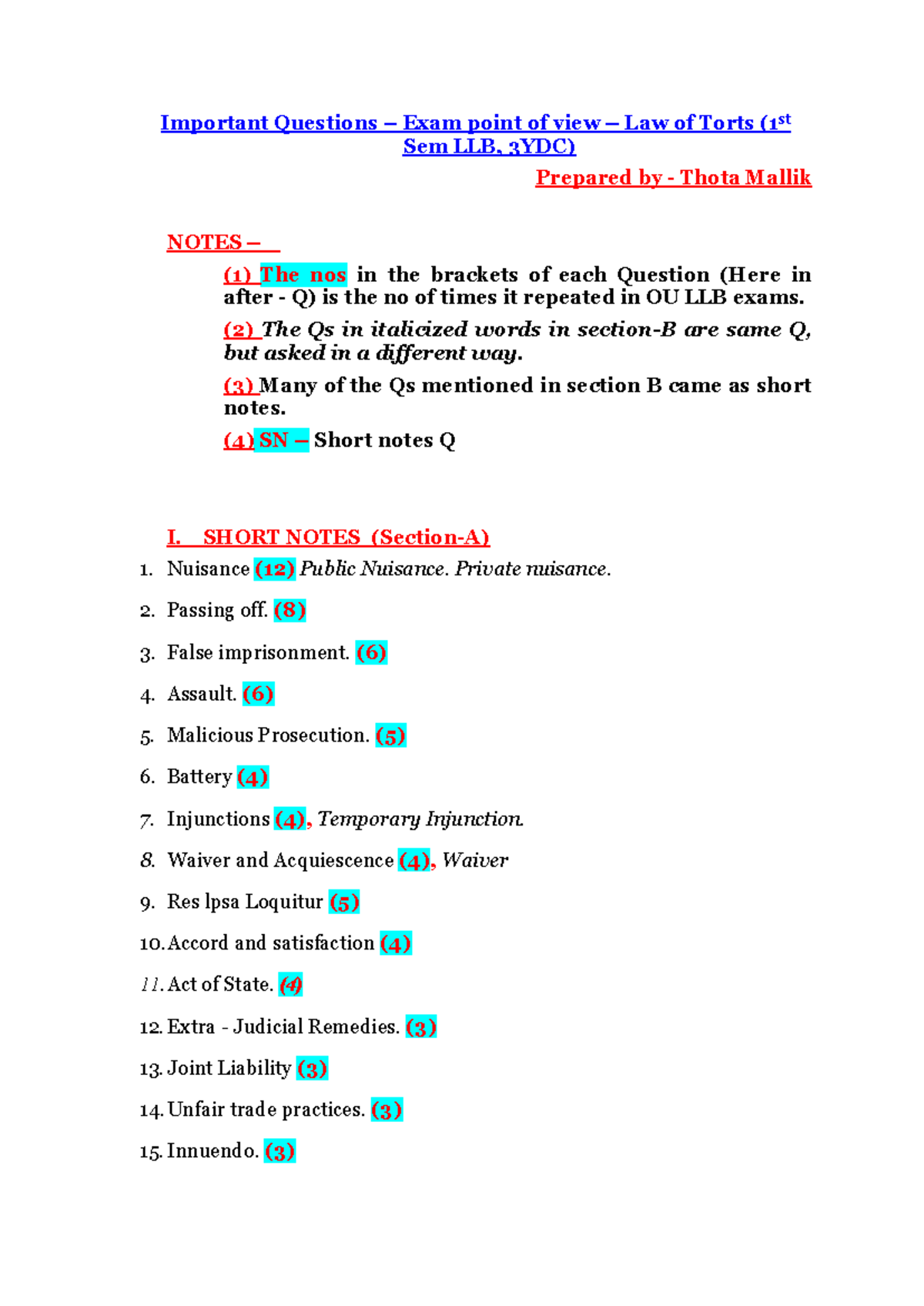 Law of Torts - 1st Sem LLB Complete Exam Notes and Important Questions ...