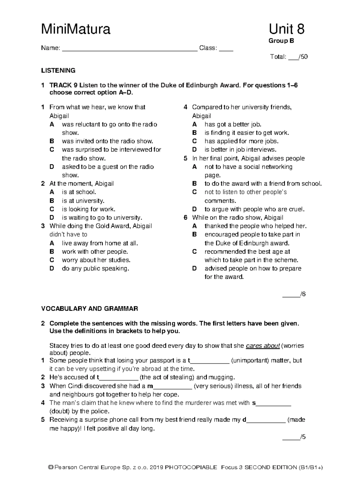 Focus 3 2E Vocabulary Quiz - Unit 8, Group A Evaluation - Studocu