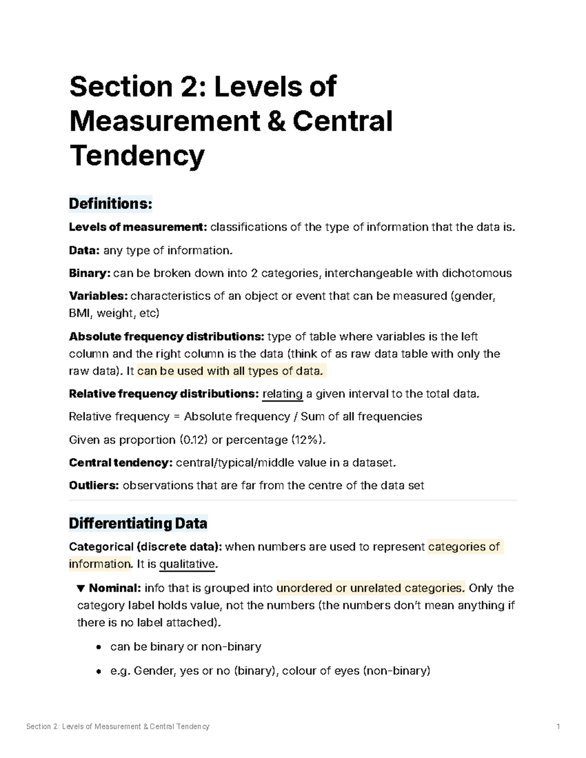 HSCI 190 Module 1: Levels of Measurement & Central Tendency Notes - Studocu