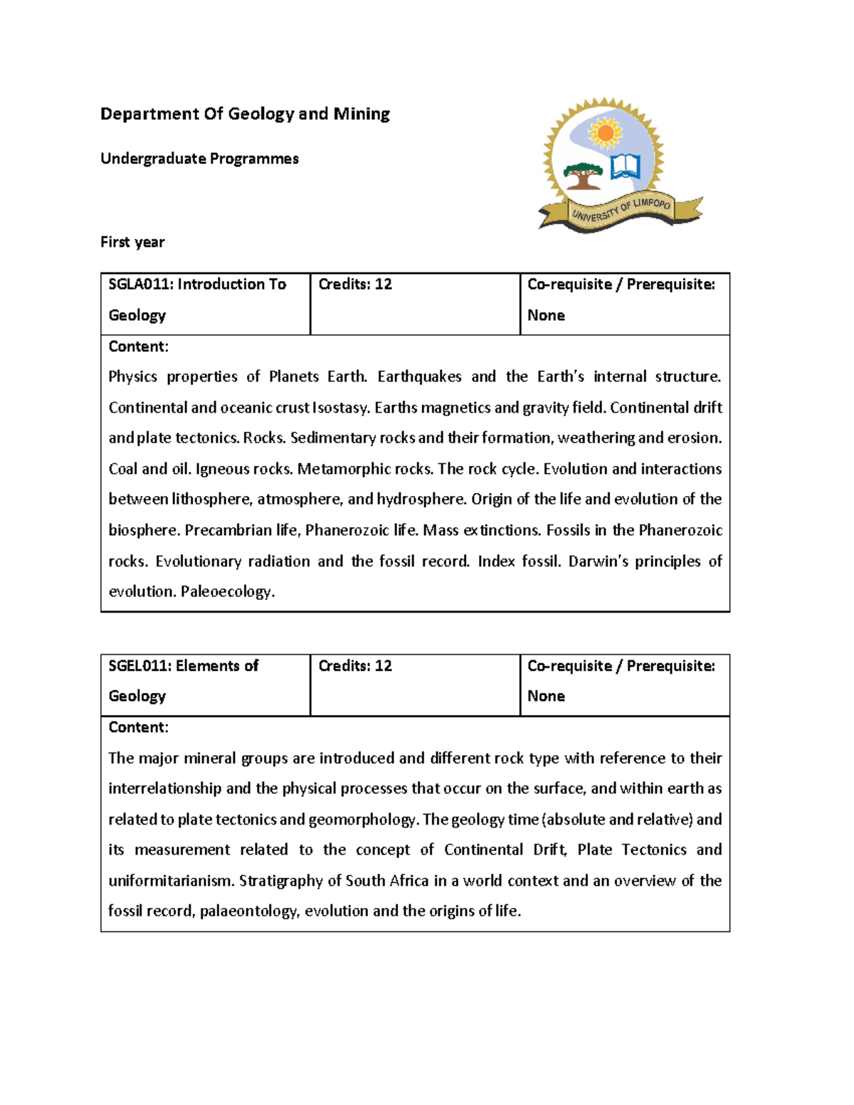 Undergraduate Geology & Mining Programmes Overview - Studocu