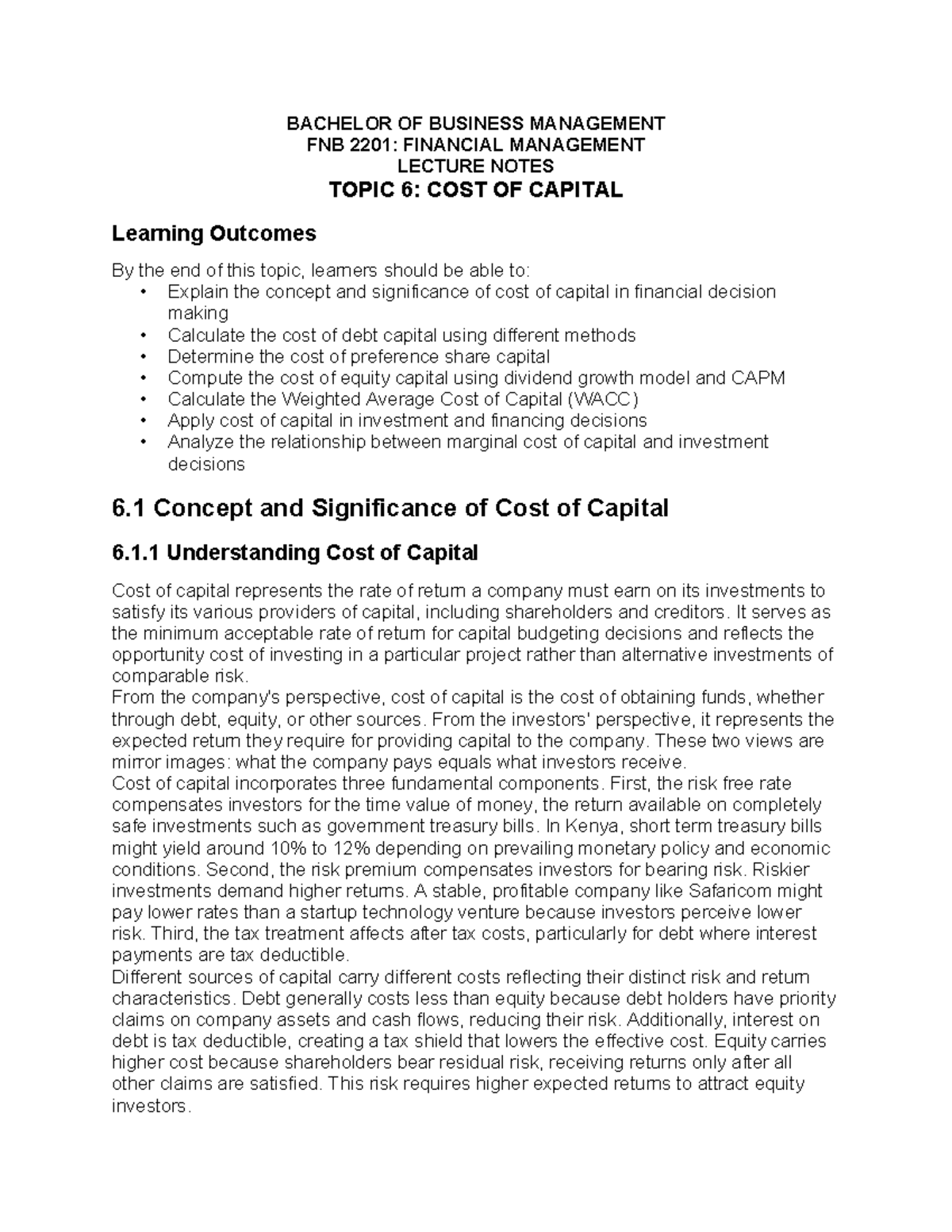 FNB 2201: Financial Management Lecture Notes on Cost of Capital - Studocu