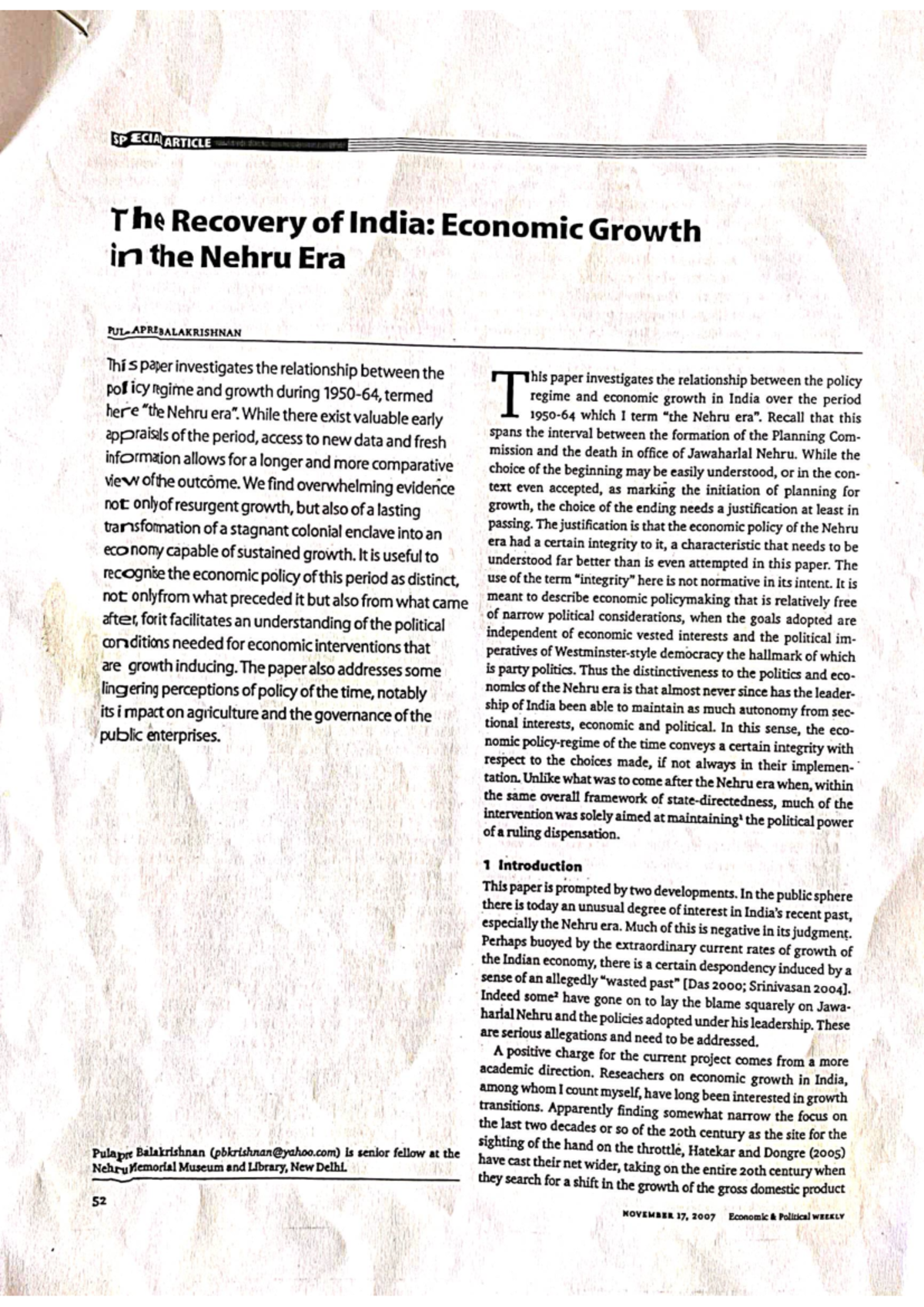 The Recovery of India - Eco Growth in Nehru Era - SP ARTICLE The ...