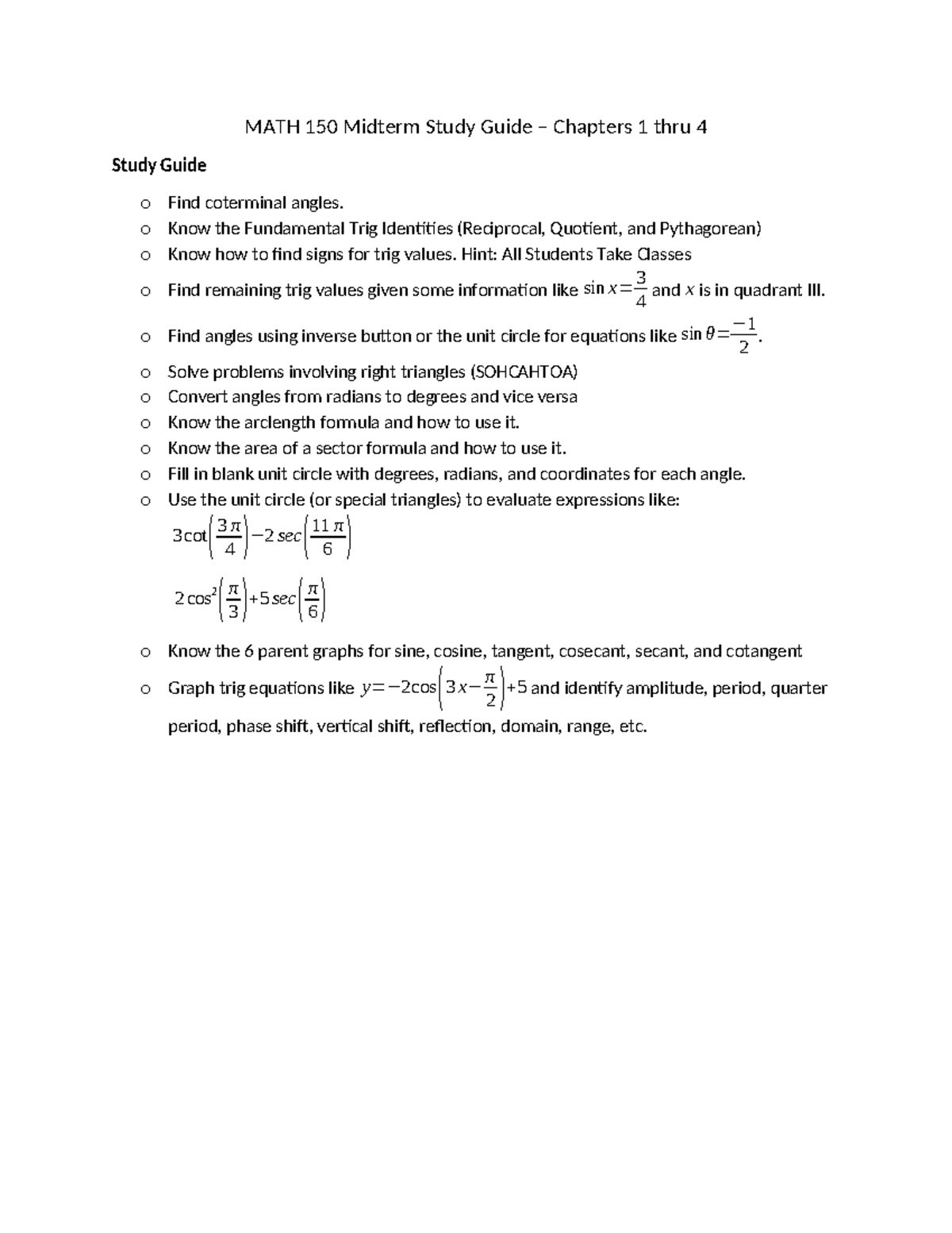 MATH 150 Midterm Study Guide: Key Concepts from Chapters 1-4 - MATH 150 ...